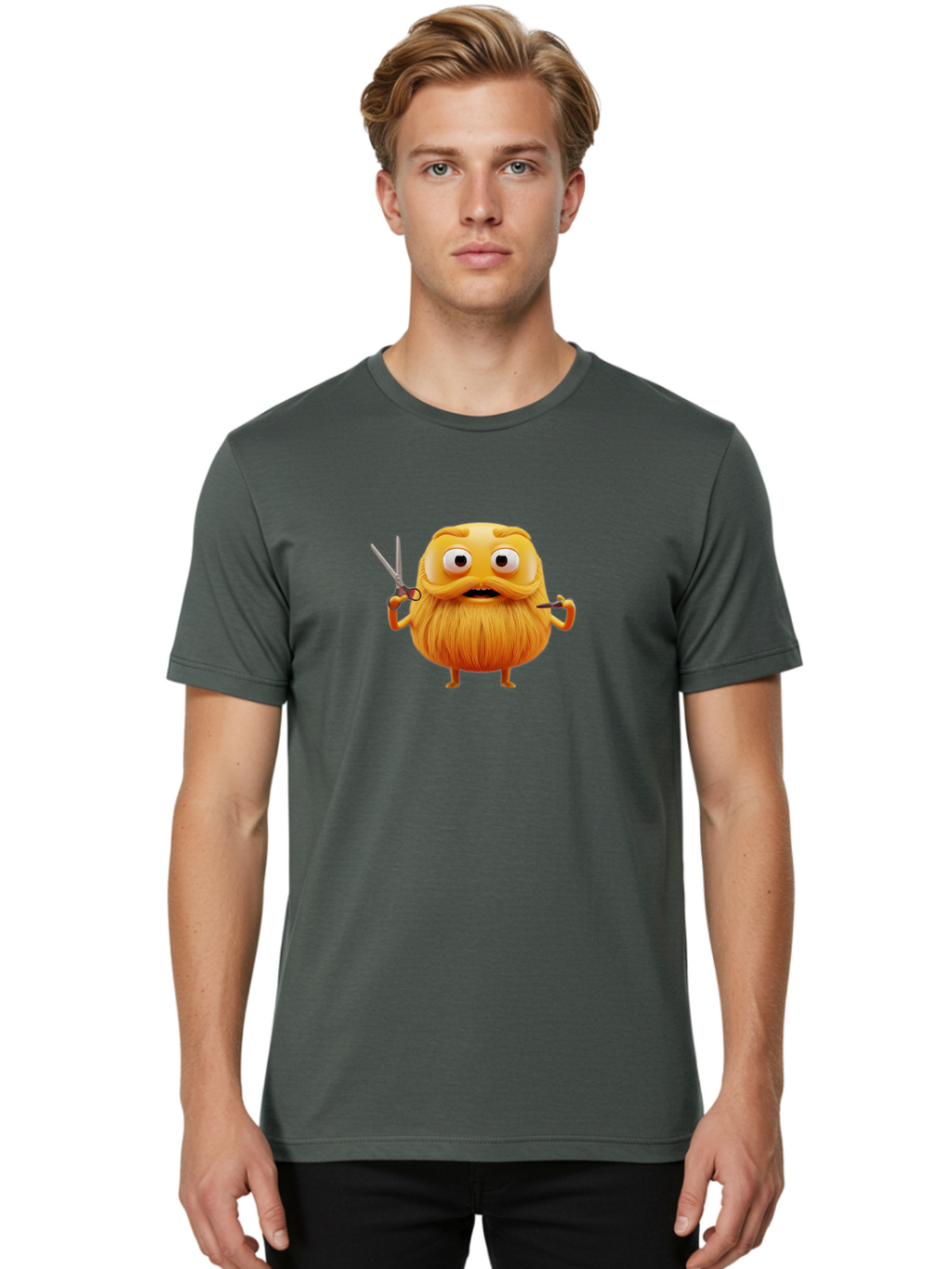 Grooming-Character Men'S Graphic Tee, 100% Cotton, Comfortable Casual Summer Wear, Machine Washable, Anthropomorphic Bread, Cartoon Character, Grooming, Scissors, Comb, Funny, Quirky, Humorous, Cartoon Style, Bread Character, Mustache, Beard Bad171
