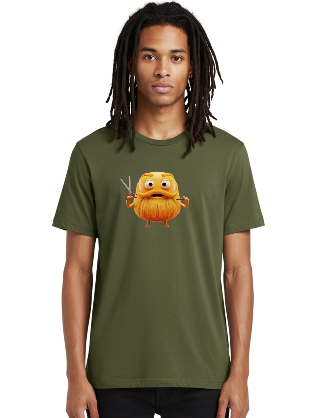 Grooming-Character Men'S Graphic Tee, 100% Cotton, Comfortable Casual Summer Wear, Machine Washable, Anthropomorphic Bread, Cartoon Character, Grooming, Scissors, Comb, Funny, Quirky, Humorous, Cartoon Style, Bread Character, Mustache, Beard Bad171