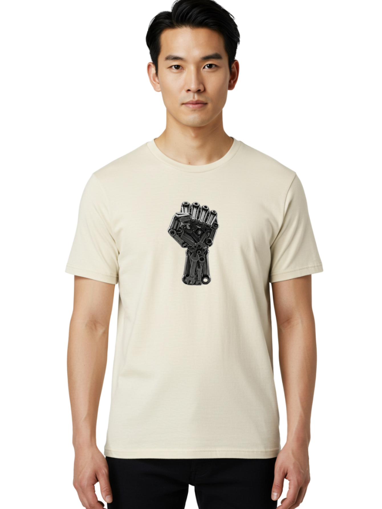 Gun-Hand Men'S Graphic Tee, 100% Cotton, Comfortable Casual Summer Wear, Machine Washable, Hand Made From Guns, Gun Violence, Protest Art, Mechanical Hand, Creative Sculpture, Social Commentary, Symbolic Representation, Powerful Statement, Bad173