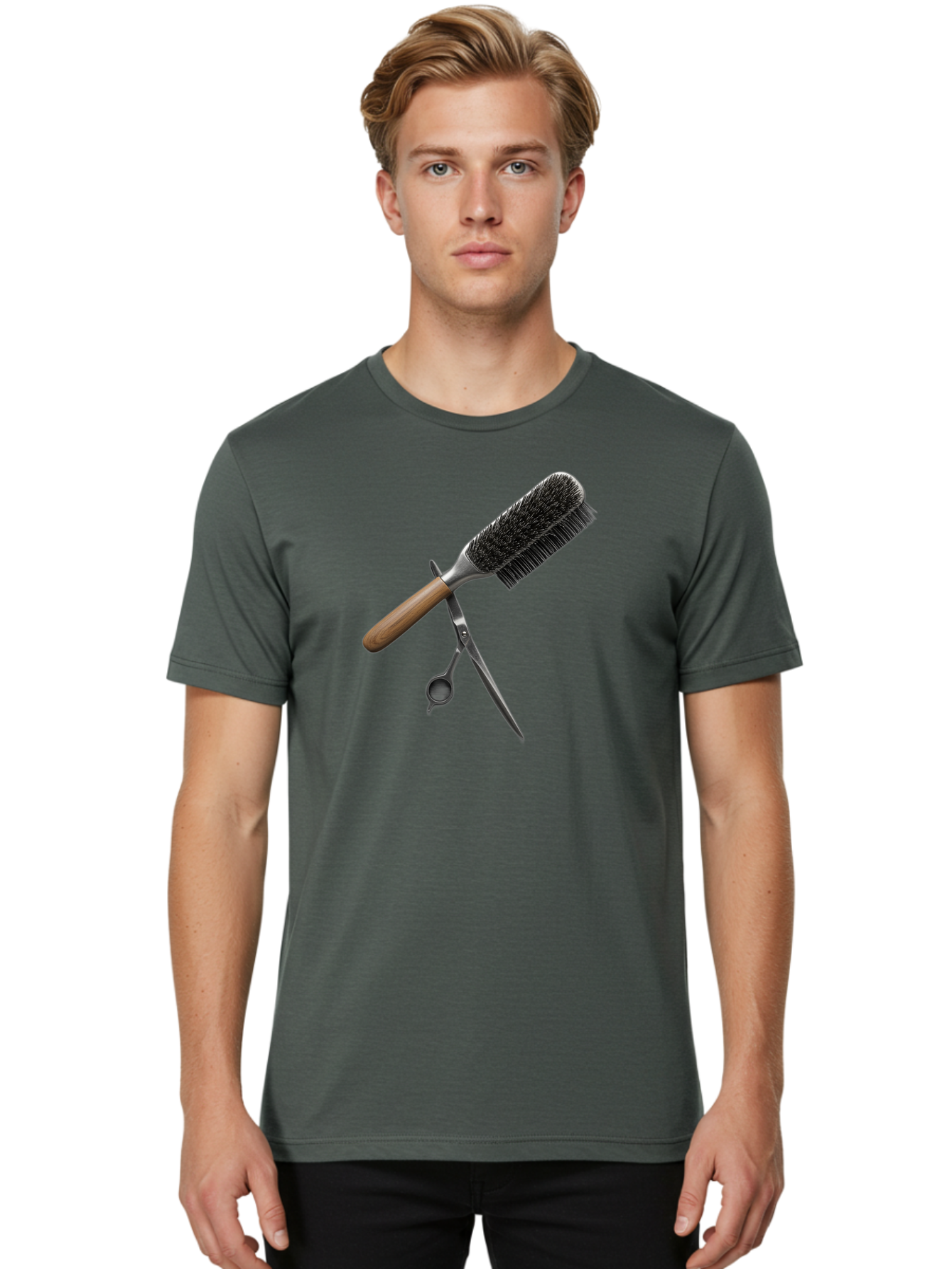 Hairbrush-And-Scissors Men'S Graphic Tee, 100% Cotton, Comfortable Casual Summer Wear, Machine Washable, Hair Cutting Tools, Hair Care, Styling Equipment, Salon Essentials, Grooming Accessories, Round Brush, Scissors Bad175
