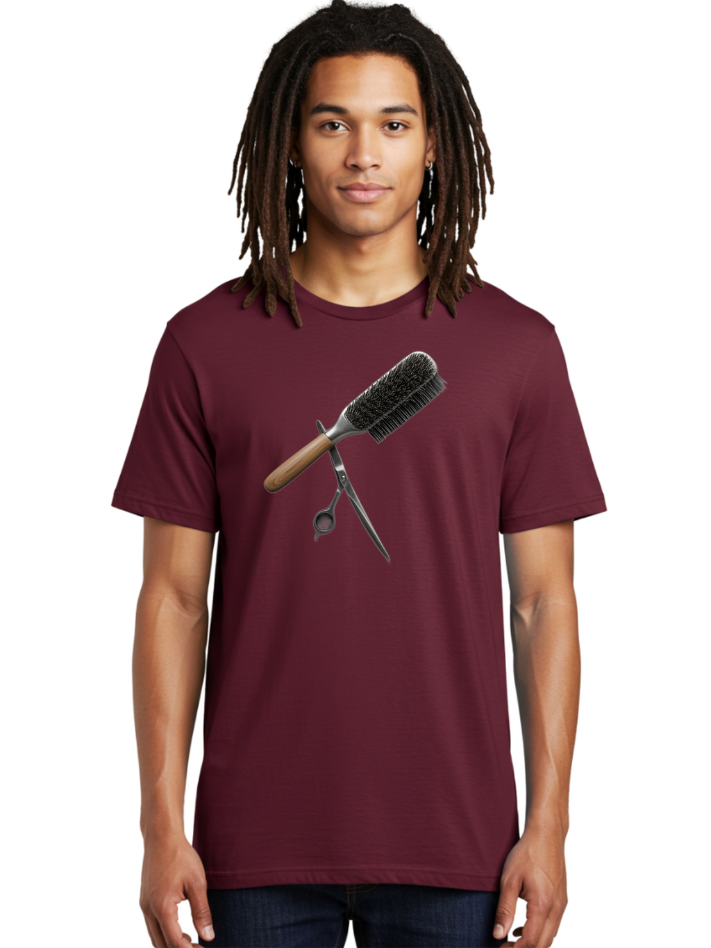 Hairbrush-And-Scissors Men'S Graphic Tee, 100% Cotton, Comfortable Casual Summer Wear, Machine Washable, Hair Cutting Tools, Hair Care, Styling Equipment, Salon Essentials, Grooming Accessories, Round Brush, Scissors Bad175