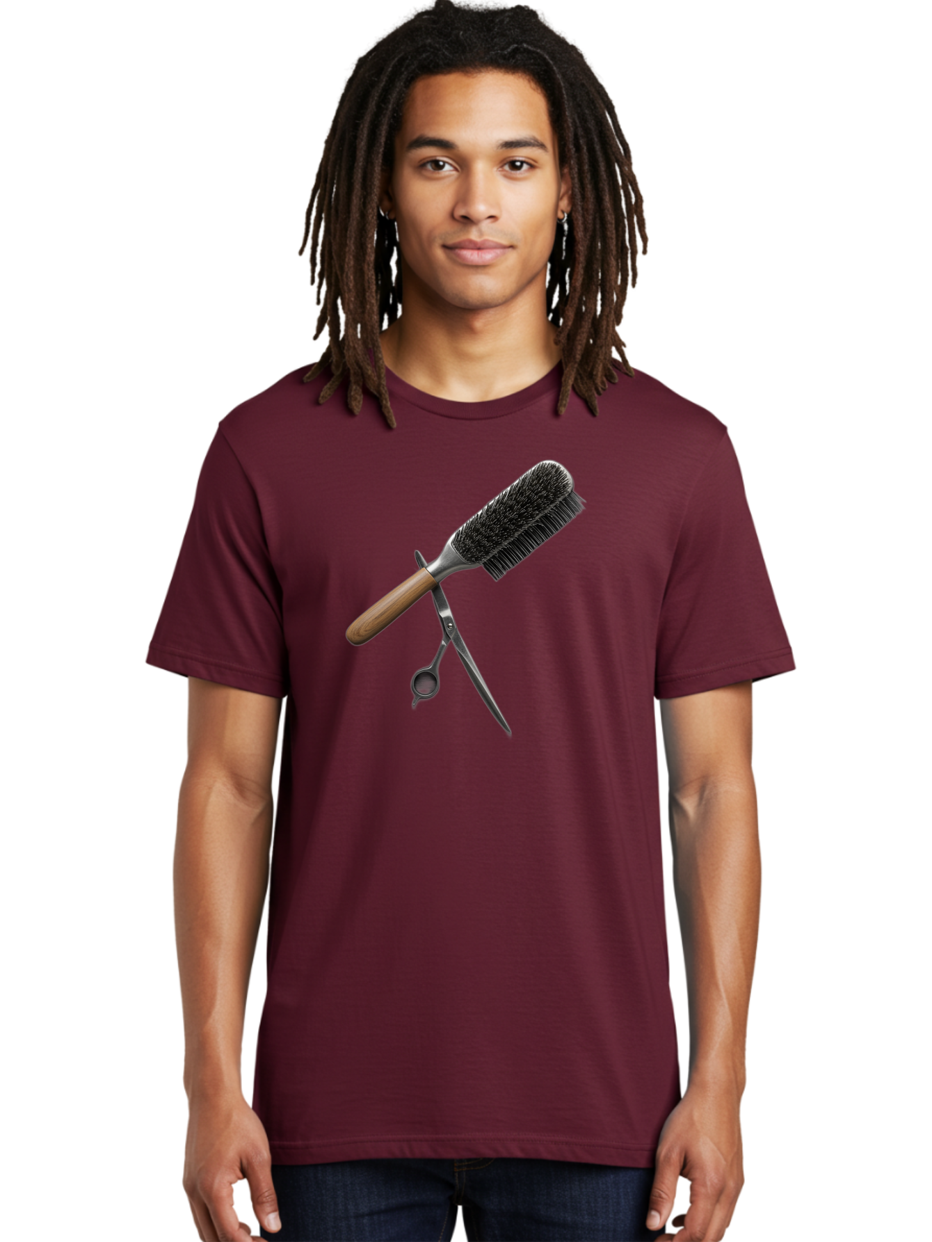 Hairbrush-And-Scissors Men'S Graphic Tee, 100% Cotton, Comfortable Casual Summer Wear, Machine Washable, Hair Cutting Tools, Hair Care, Styling Equipment, Salon Essentials, Grooming Accessories, Round Brush, Scissors Bad175
