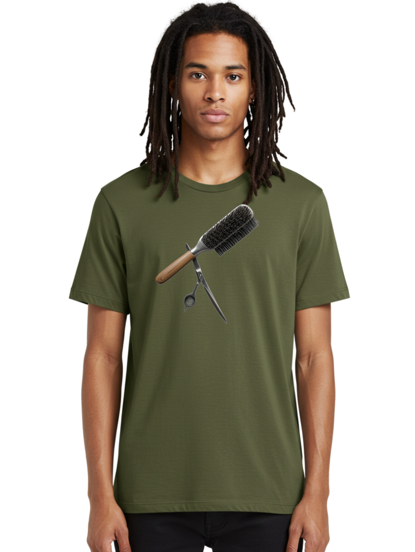 Hairbrush-And-Scissors Men'S Graphic Tee, 100% Cotton, Comfortable Casual Summer Wear, Machine Washable, Hair Cutting Tools, Hair Care, Styling Equipment, Salon Essentials, Grooming Accessories, Round Brush, Scissors Bad175