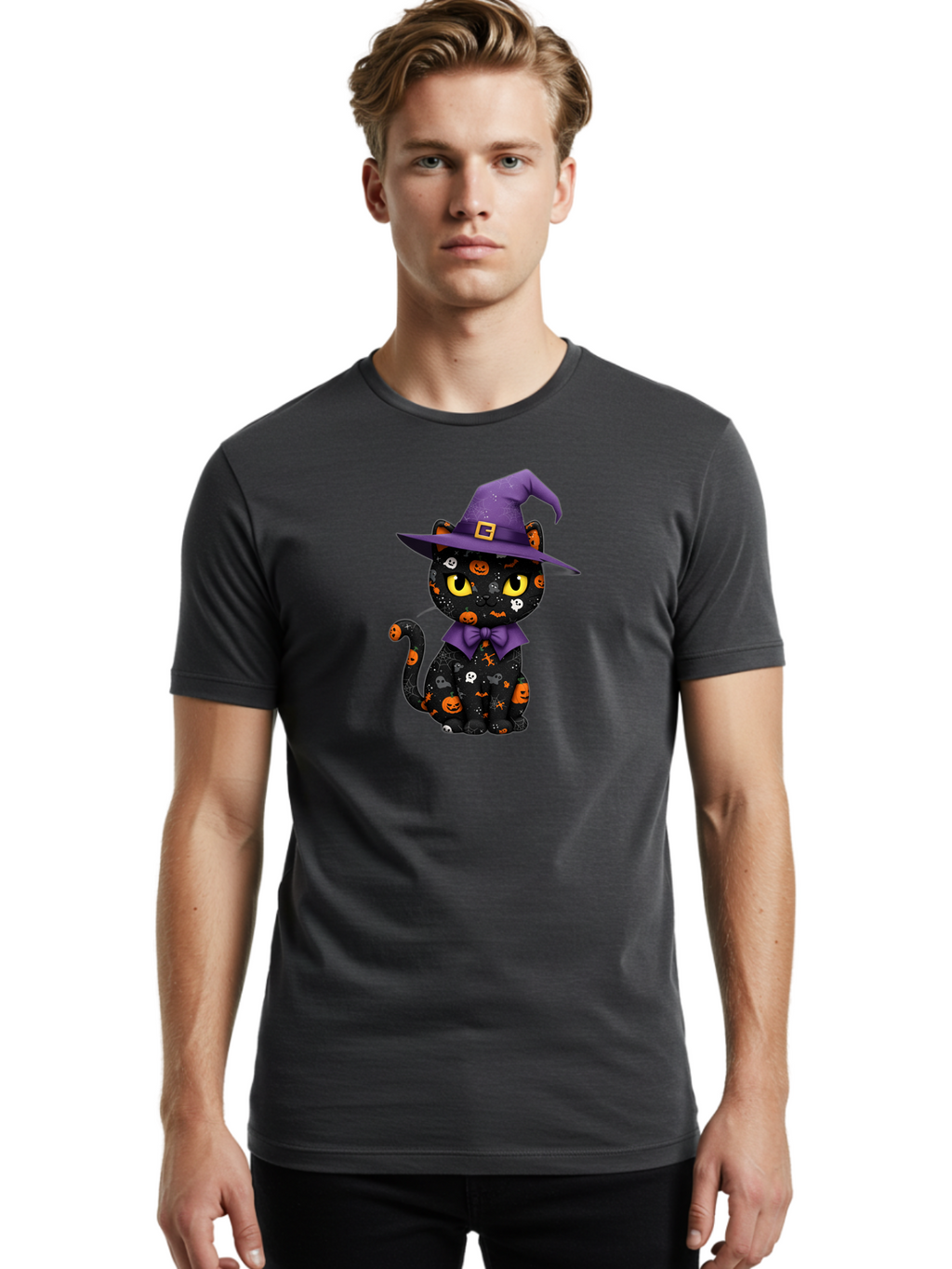 Halloween-Cat Men'S Graphic Tee, 100% Cotton, Comfortable Casual Summer Wear, Machine Washable, Black Cat With Halloween Design, Witch Hat, Purple Bow Tie, Halloween Decorations, Jack-O-Lanterns, Spooky Atmosphere, Halloween Theme, Bad176