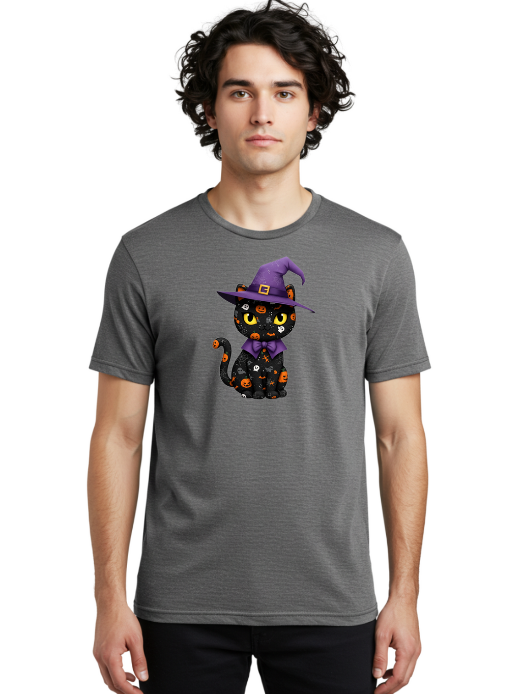 Halloween-Cat Men'S Graphic Tee, 100% Cotton, Comfortable Casual Summer Wear, Machine Washable, Black Cat With Halloween Design, Witch Hat, Purple Bow Tie, Halloween Decorations, Jack-O-Lanterns, Spooky Atmosphere, Halloween Theme, Bad176