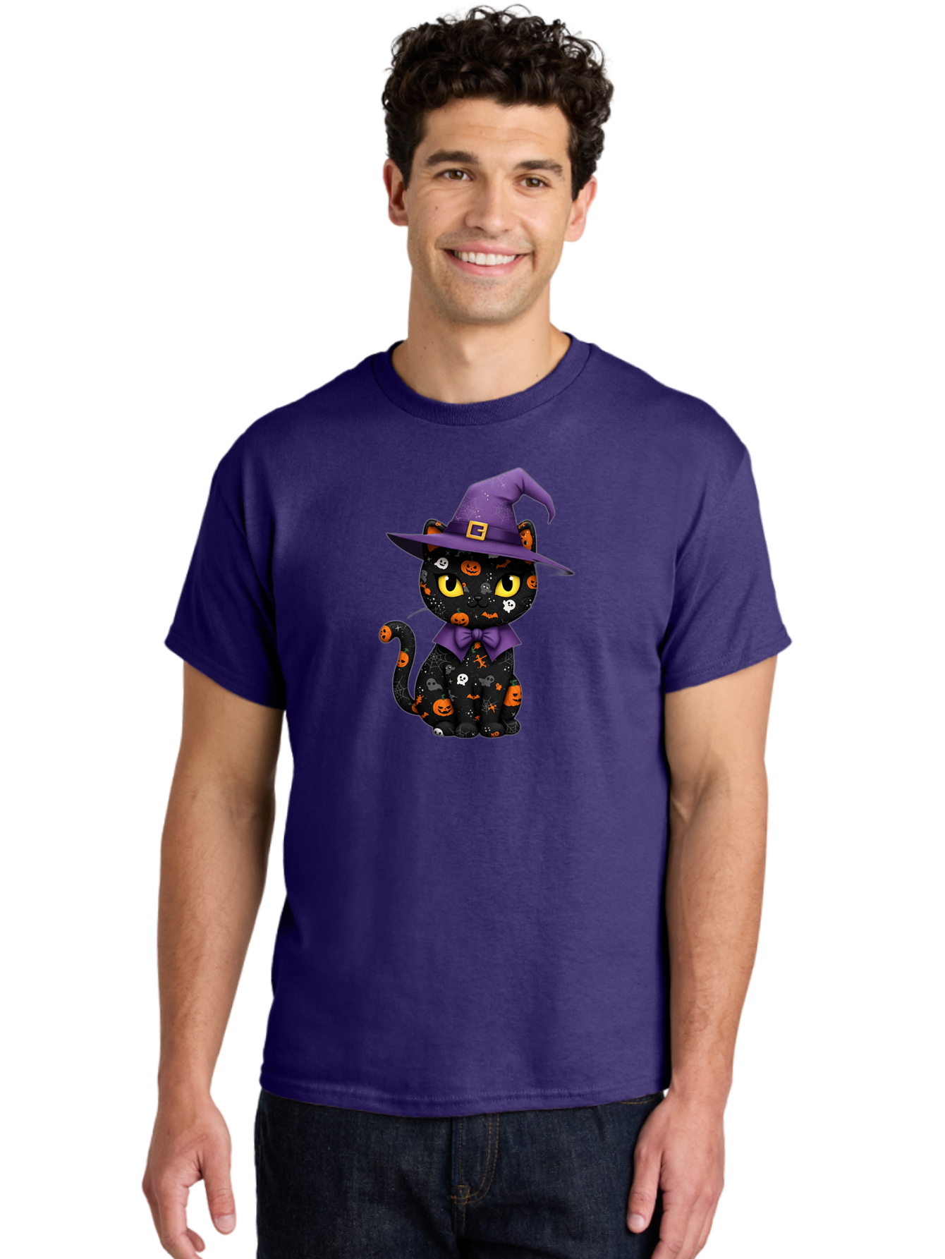 Halloween-Cat Men'S Graphic Tee, 100% Cotton, Comfortable Casual Summer Wear, Machine Washable, Black Cat With Halloween Design, Witch Hat, Purple Bow Tie, Halloween Decorations, Jack-O-Lanterns, Spooky Atmosphere, Halloween Theme, Bad176