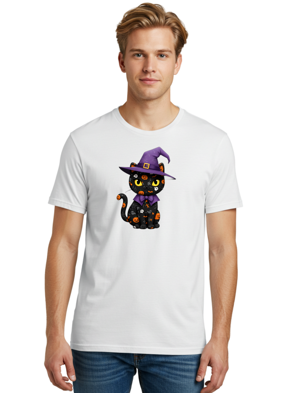 Halloween-Cat Men'S Graphic Tee, 100% Cotton, Comfortable Casual Summer Wear, Machine Washable, Black Cat With Halloween Design, Witch Hat, Purple Bow Tie, Halloween Decorations, Jack-O-Lanterns, Spooky Atmosphere, Halloween Theme, Bad176