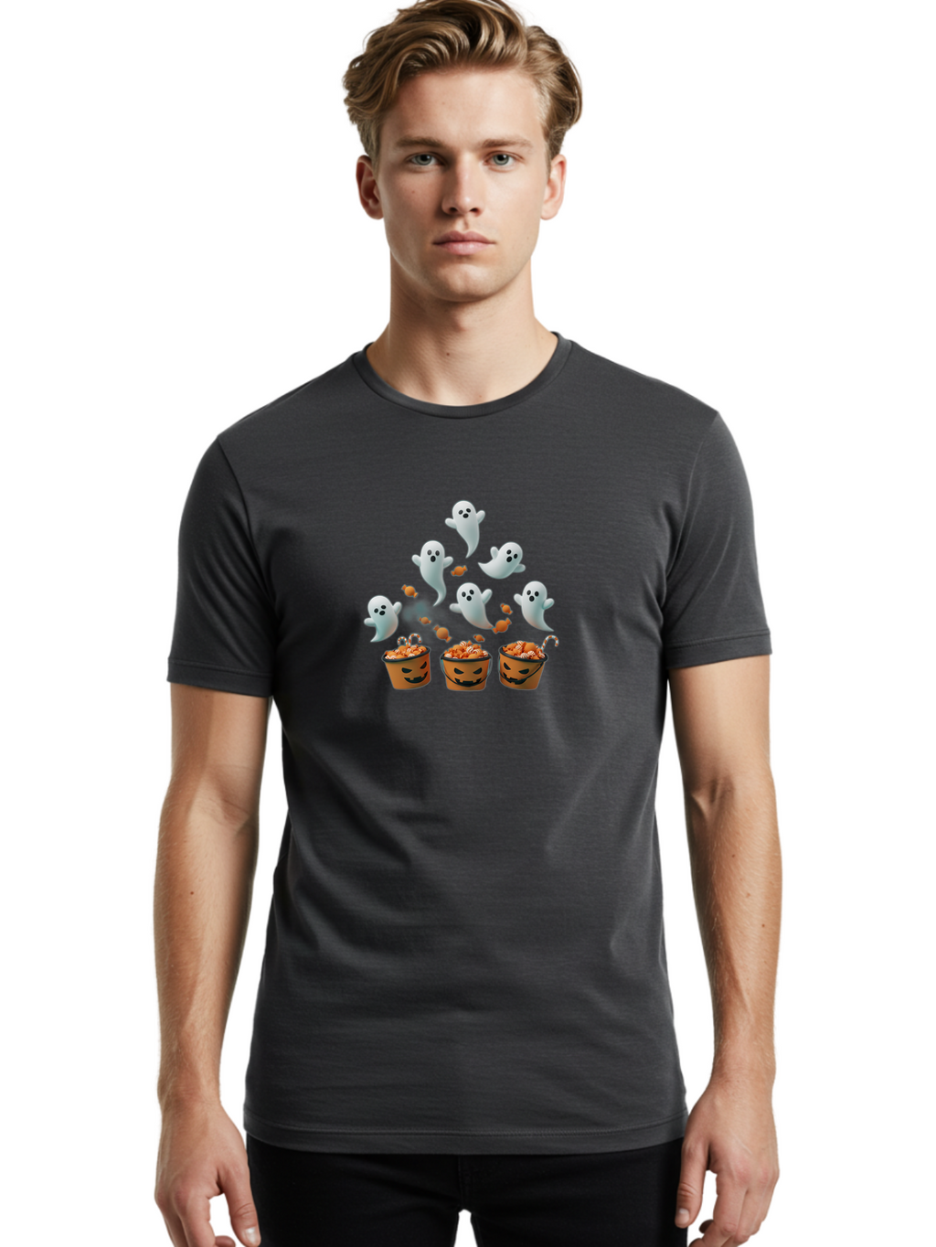 Halloween-Ghosts-With-Candy Men'S Graphic Tee, 100% Cotton, Comfortable Casual Summer Wear, Machine Washable, Halloween Ghosts, Spooky Scene, Trick Or Treat Buckets, Candy Treats, Playful Jack-O-Lanterns, Halloween Sweets, Bad177
