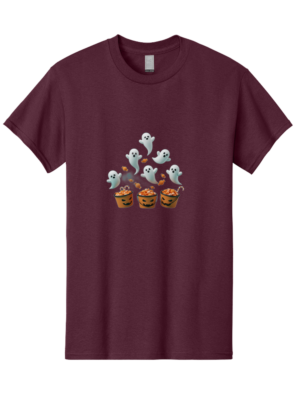 Halloween-Ghosts-With-Candy Men'S Graphic Tee, 100% Cotton, Comfortable Casual Summer Wear, Machine Washable, Halloween Ghosts, Spooky Scene, Trick Or Treat Buckets, Candy Treats, Playful Jack-O-Lanterns, Halloween Sweets, Bad177