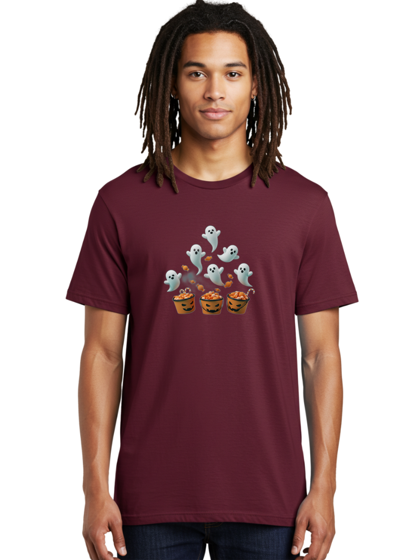 Halloween-Ghosts-With-Candy Men'S Graphic Tee, 100% Cotton, Comfortable Casual Summer Wear, Machine Washable, Halloween Ghosts, Spooky Scene, Trick Or Treat Buckets, Candy Treats, Playful Jack-O-Lanterns, Halloween Sweets, Bad177