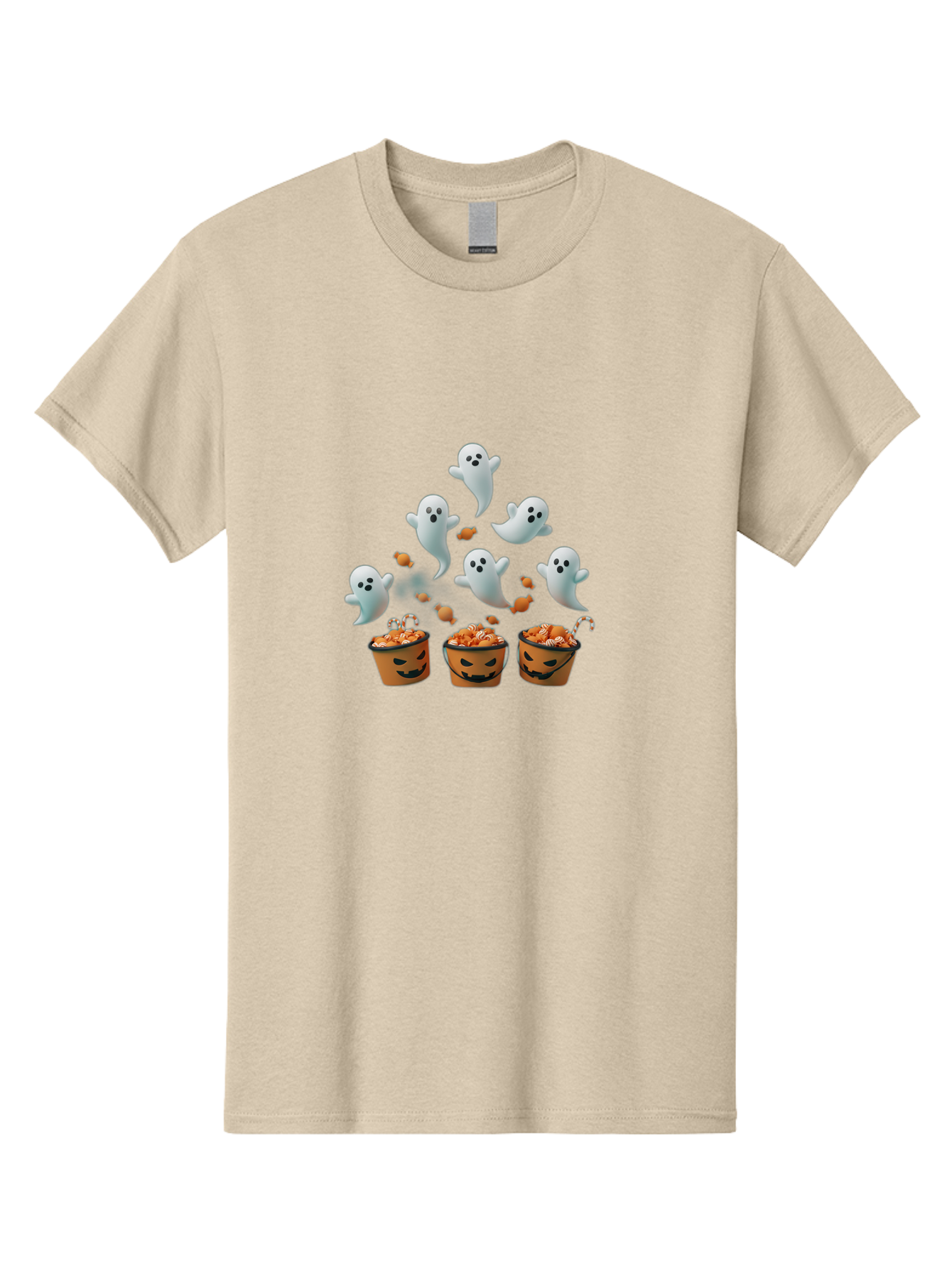 Halloween-Ghosts-With-Candy Men'S Graphic Tee, 100% Cotton, Comfortable Casual Summer Wear, Machine Washable, Halloween Ghosts, Spooky Scene, Trick Or Treat Buckets, Candy Treats, Playful Jack-O-Lanterns, Halloween Sweets, Bad177