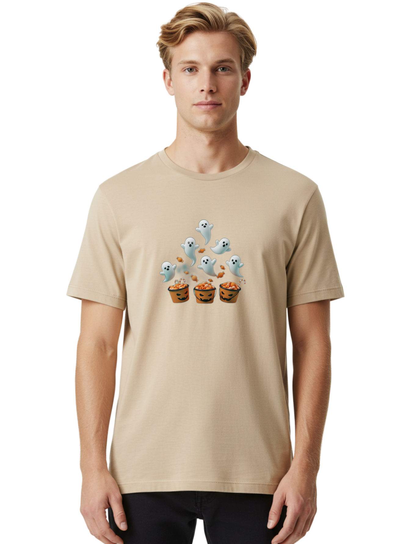 Halloween-Ghosts-With-Candy Men'S Graphic Tee, 100% Cotton, Comfortable Casual Summer Wear, Machine Washable, Halloween Ghosts, Spooky Scene, Trick Or Treat Buckets, Candy Treats, Playful Jack-O-Lanterns, Halloween Sweets, Bad177