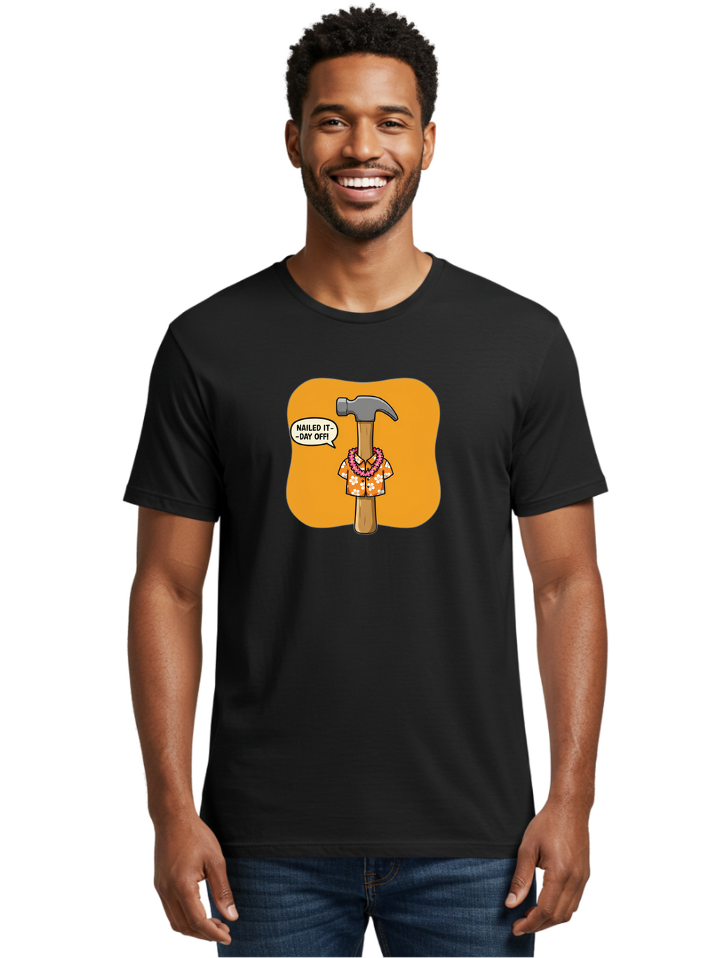 Hammer-In-Hawaiian-Shirt Men'S Graphic Tee, 100% Cotton, Comfortable Casual Summer Wear, Machine Washable, Funny Cartoon Hammer, Hawaiian Shirt, Leis, Humorous Expression, Nailed It-Day Off!, Cartoon Character, Comical Illustration, Bad180