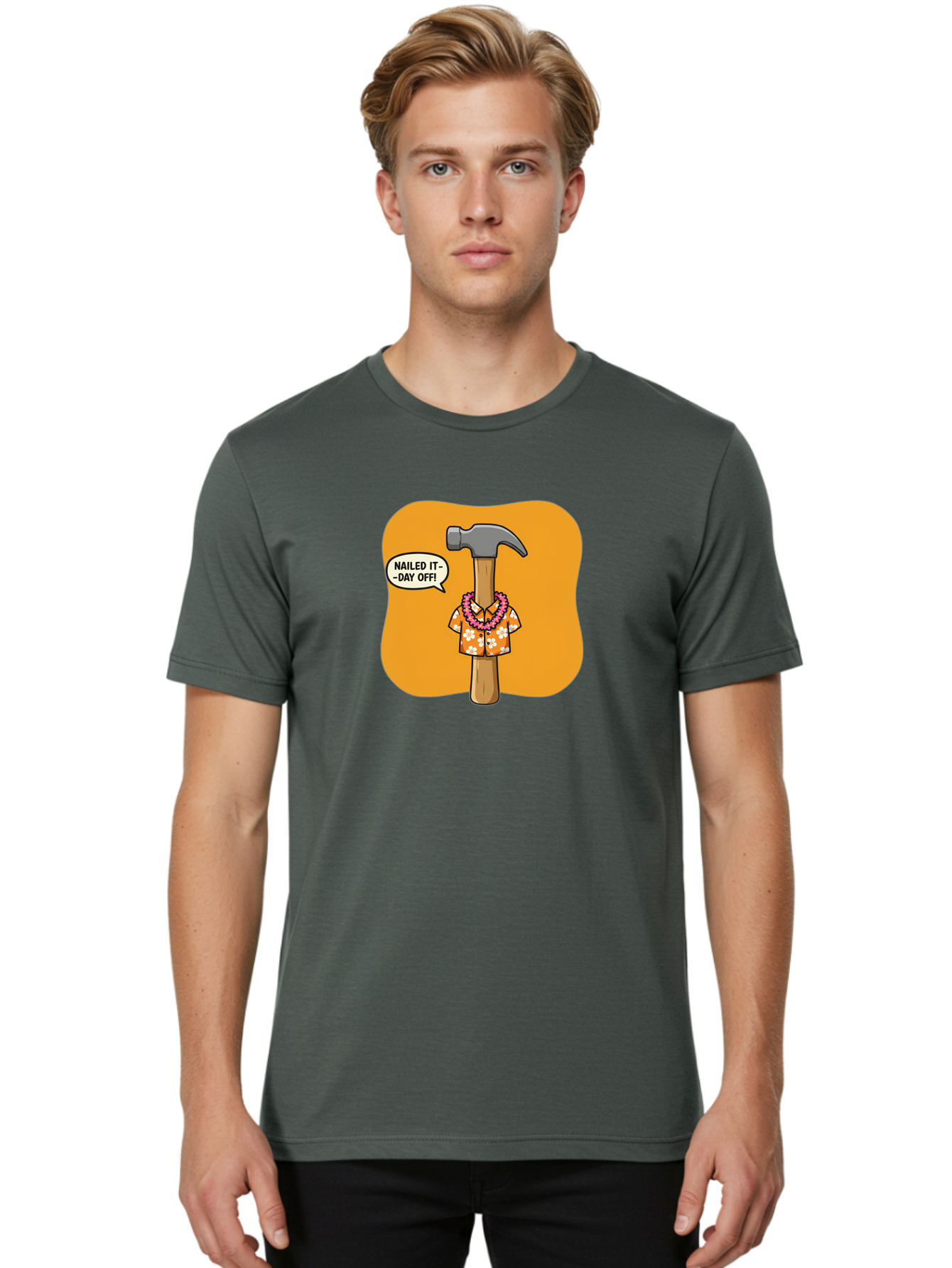 Hammer-In-Hawaiian-Shirt Men'S Graphic Tee, 100% Cotton, Comfortable Casual Summer Wear, Machine Washable, Funny Cartoon Hammer, Hawaiian Shirt, Leis, Humorous Expression, Nailed It-Day Off!, Cartoon Character, Comical Illustration, Bad180