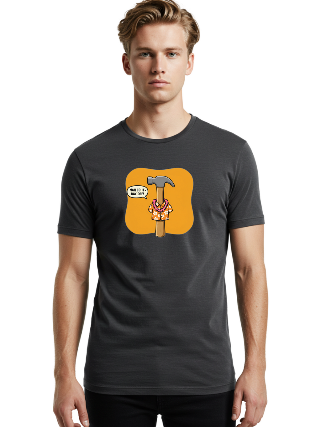 Hammer-In-Hawaiian-Shirt Men'S Graphic Tee, 100% Cotton, Comfortable Casual Summer Wear, Machine Washable, Funny Cartoon Hammer, Hawaiian Shirt, Leis, Humorous Expression, Nailed It-Day Off!, Cartoon Character, Comical Illustration, Bad180