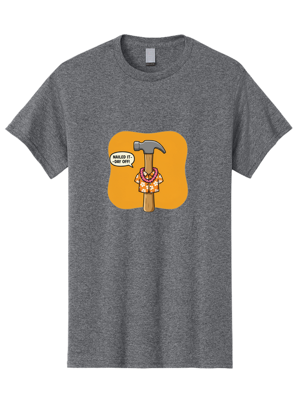 Hammer-In-Hawaiian-Shirt Men'S Graphic Tee, 100% Cotton, Comfortable Casual Summer Wear, Machine Washable, Funny Cartoon Hammer, Hawaiian Shirt, Leis, Humorous Expression, Nailed It-Day Off!, Cartoon Character, Comical Illustration, Bad180