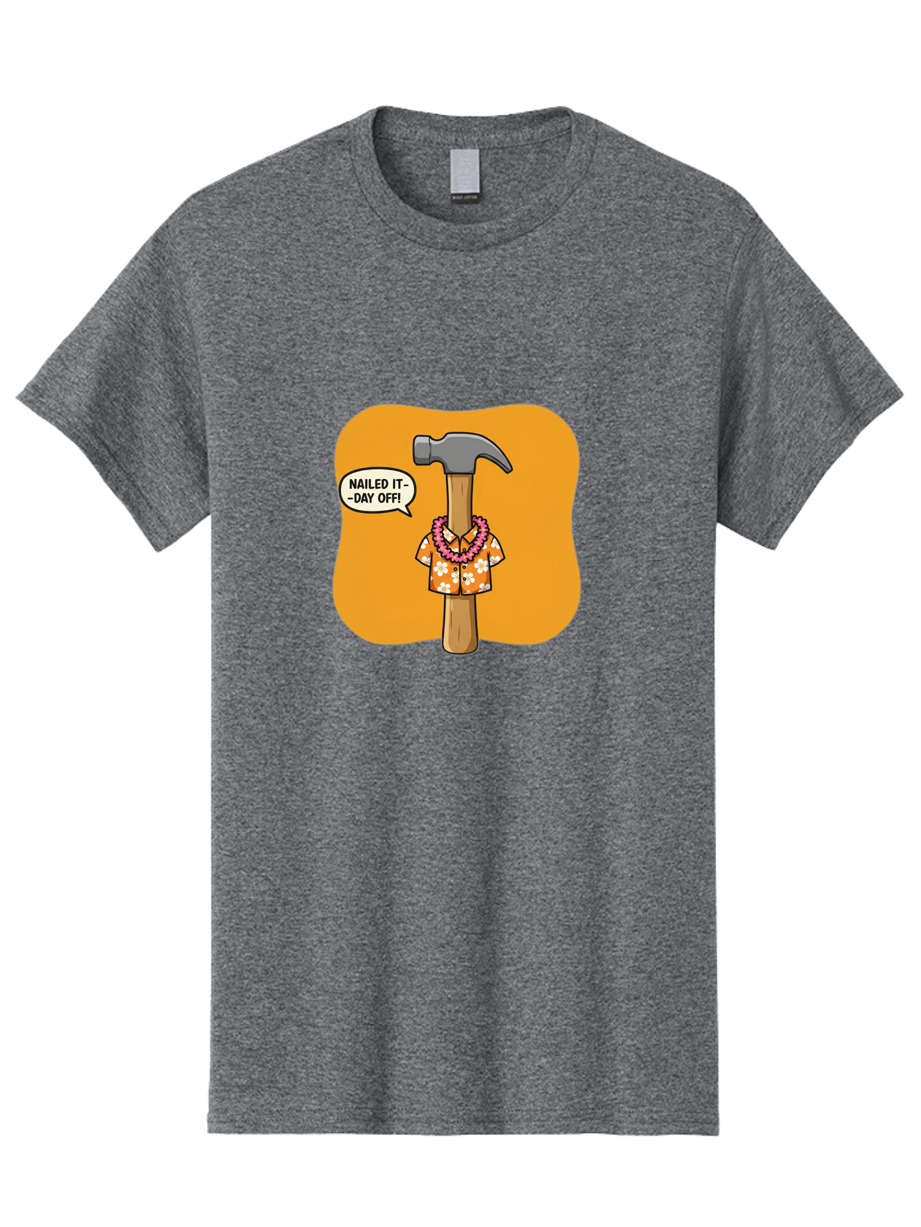 Hammer-In-Hawaiian-Shirt Men'S Graphic Tee, 100% Cotton, Comfortable Casual Summer Wear, Machine Washable, Funny Cartoon Hammer, Hawaiian Shirt, Leis, Humorous Expression, Nailed It-Day Off!, Cartoon Character, Comical Illustration, Bad180