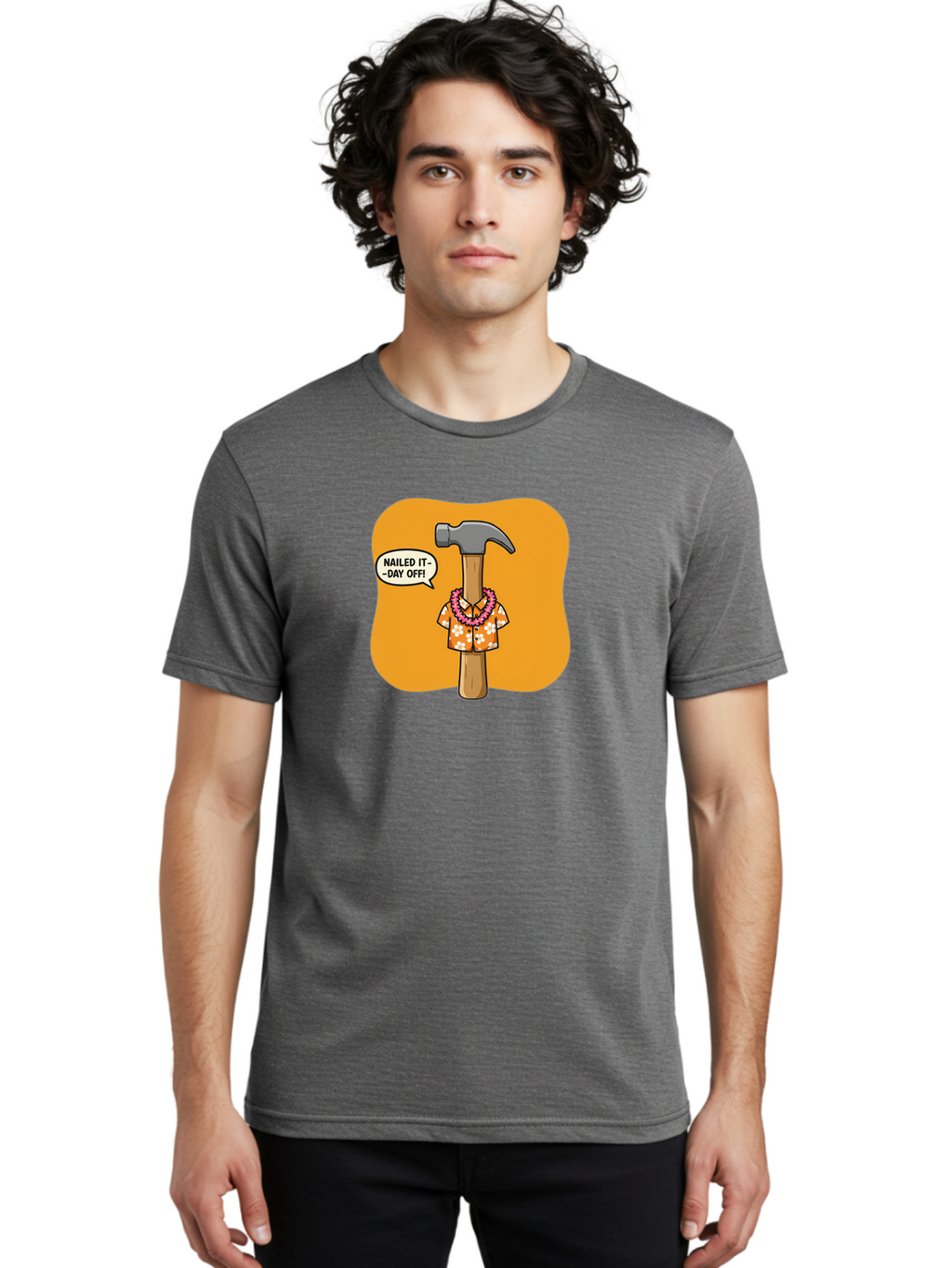 Hammer-In-Hawaiian-Shirt Men'S Graphic Tee, 100% Cotton, Comfortable Casual Summer Wear, Machine Washable, Funny Cartoon Hammer, Hawaiian Shirt, Leis, Humorous Expression, Nailed It-Day Off!, Cartoon Character, Comical Illustration, Bad180