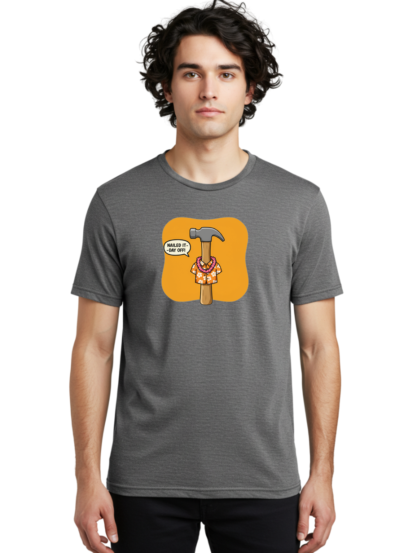Hammer-In-Hawaiian-Shirt Men'S Graphic Tee, 100% Cotton, Comfortable Casual Summer Wear, Machine Washable, Funny Cartoon Hammer, Hawaiian Shirt, Leis, Humorous Expression, Nailed It-Day Off!, Cartoon Character, Comical Illustration, Bad180