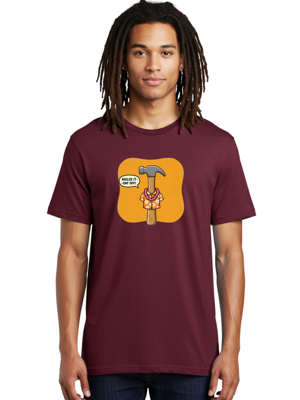 Hammer-In-Hawaiian-Shirt Men'S Graphic Tee, 100% Cotton, Comfortable Casual Summer Wear, Machine Washable, Funny Cartoon Hammer, Hawaiian Shirt, Leis, Humorous Expression, Nailed It-Day Off!, Cartoon Character, Comical Illustration, Bad180