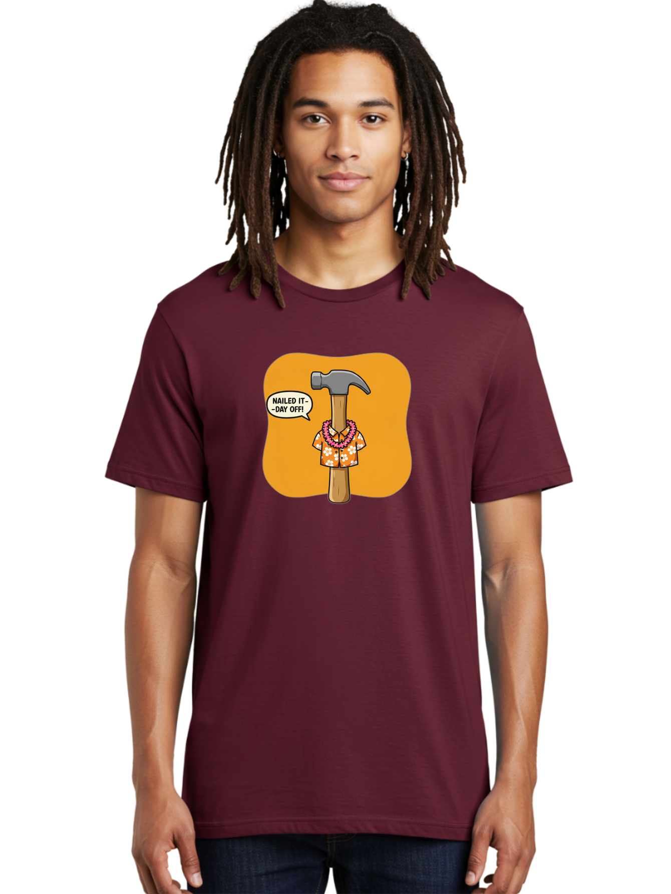 Hammer-In-Hawaiian-Shirt Men'S Graphic Tee, 100% Cotton, Comfortable Casual Summer Wear, Machine Washable, Funny Cartoon Hammer, Hawaiian Shirt, Leis, Humorous Expression, Nailed It-Day Off!, Cartoon Character, Comical Illustration, Bad180