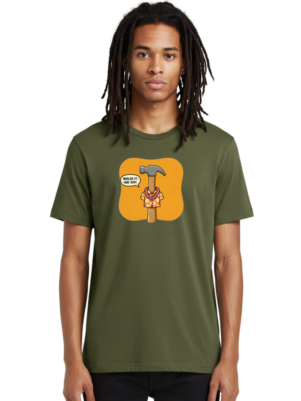 Hammer-In-Hawaiian-Shirt Men'S Graphic Tee, 100% Cotton, Comfortable Casual Summer Wear, Machine Washable, Funny Cartoon Hammer, Hawaiian Shirt, Leis, Humorous Expression, Nailed It-Day Off!, Cartoon Character, Comical Illustration, Bad180