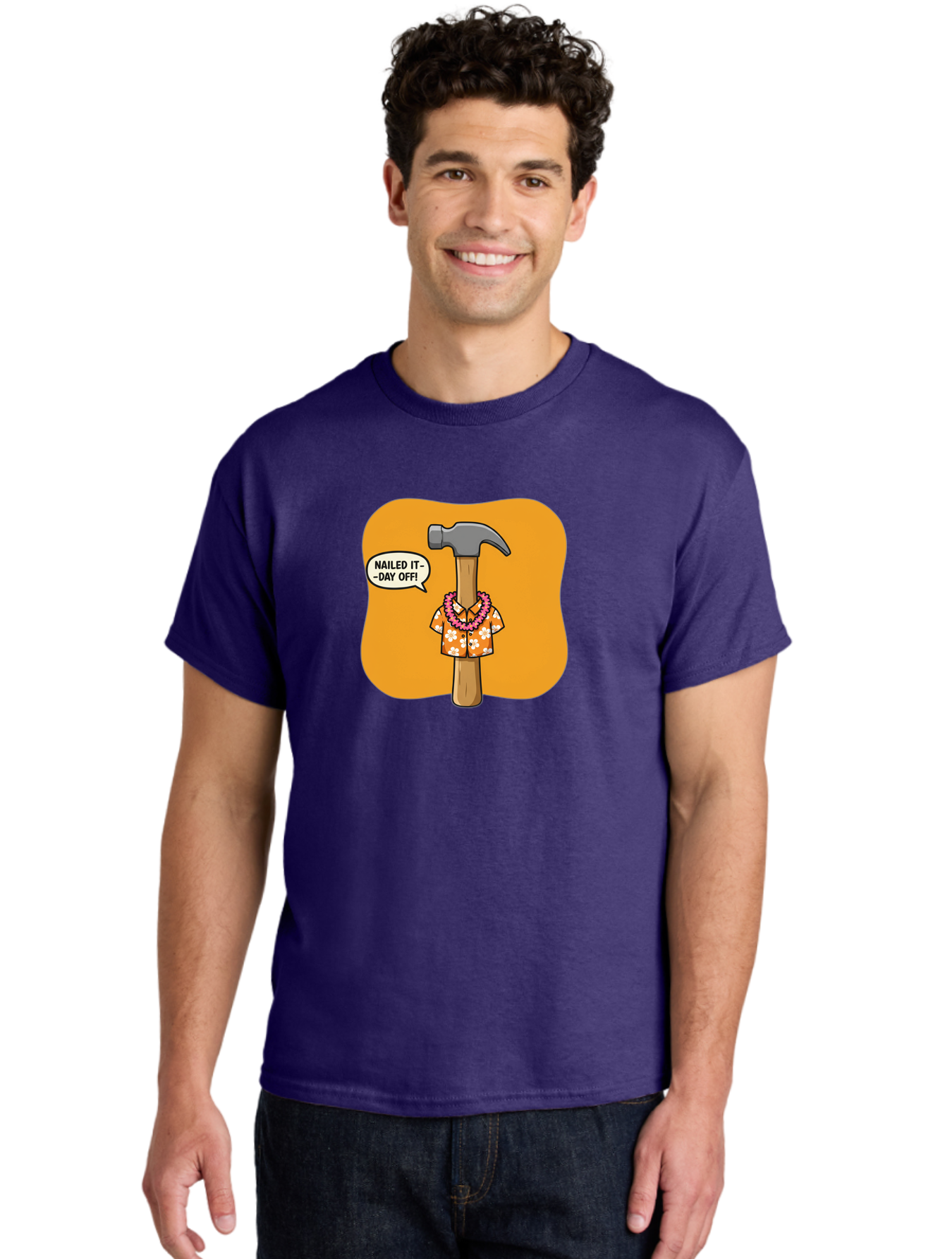 Hammer-In-Hawaiian-Shirt Men'S Graphic Tee, 100% Cotton, Comfortable Casual Summer Wear, Machine Washable, Funny Cartoon Hammer, Hawaiian Shirt, Leis, Humorous Expression, Nailed It-Day Off!, Cartoon Character, Comical Illustration, Bad180