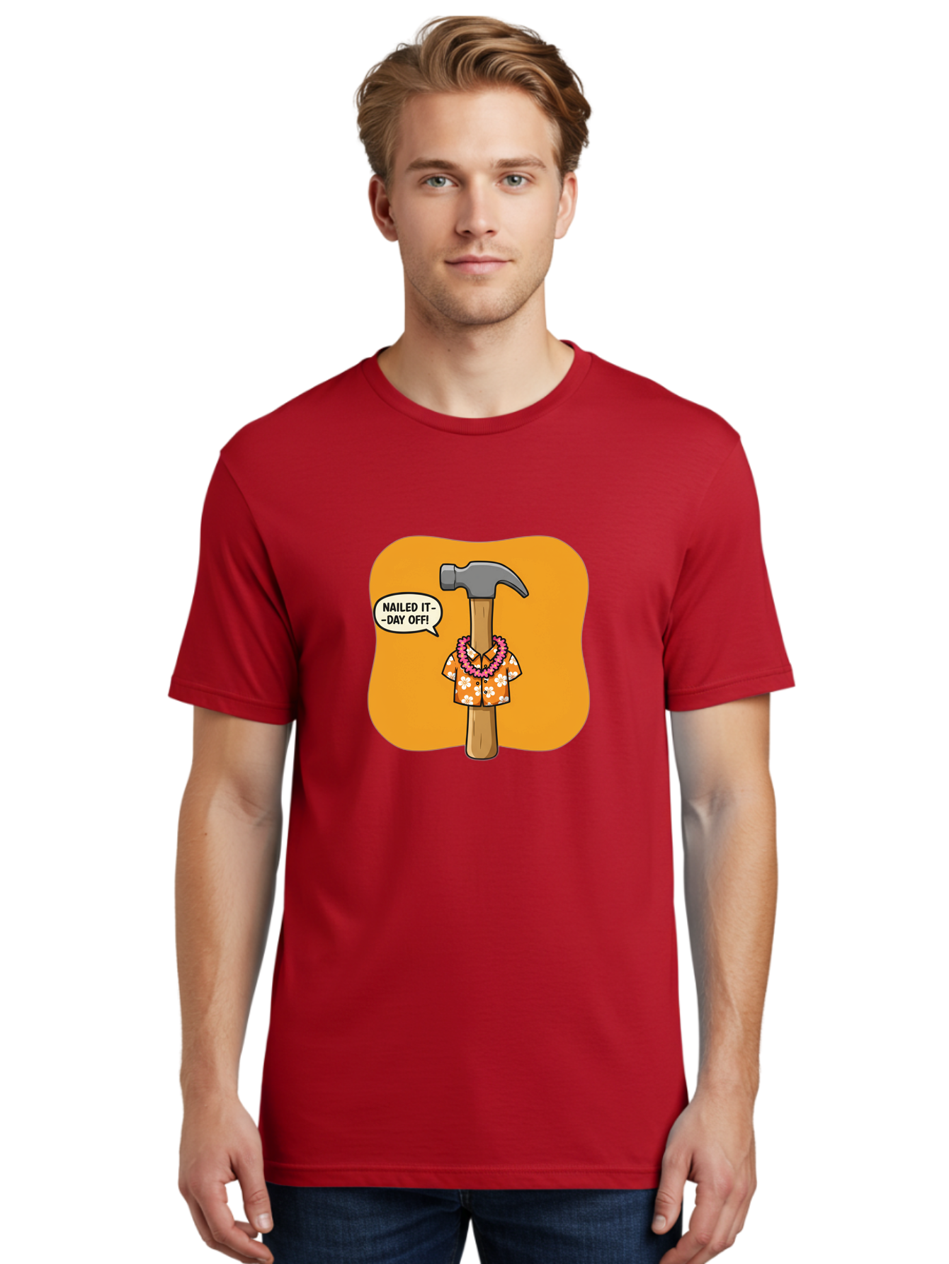 Hammer-In-Hawaiian-Shirt Men'S Graphic Tee, 100% Cotton, Comfortable Casual Summer Wear, Machine Washable, Funny Cartoon Hammer, Hawaiian Shirt, Leis, Humorous Expression, Nailed It-Day Off!, Cartoon Character, Comical Illustration, Bad180