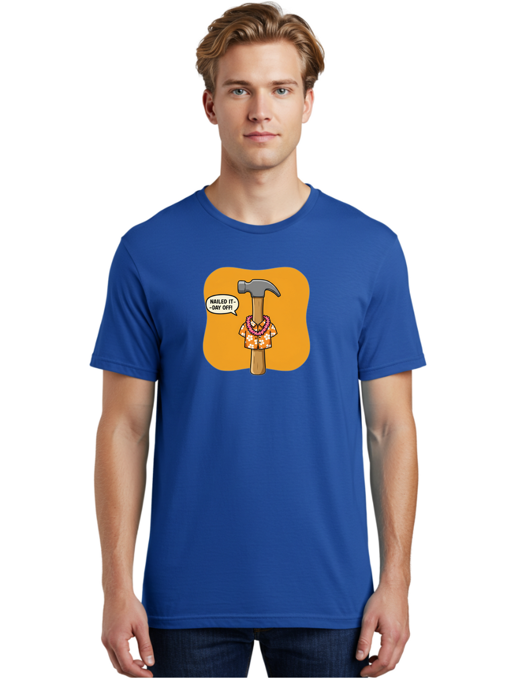 Hammer-In-Hawaiian-Shirt Men'S Graphic Tee, 100% Cotton, Comfortable Casual Summer Wear, Machine Washable, Funny Cartoon Hammer, Hawaiian Shirt, Leis, Humorous Expression, Nailed It-Day Off!, Cartoon Character, Comical Illustration, Bad180