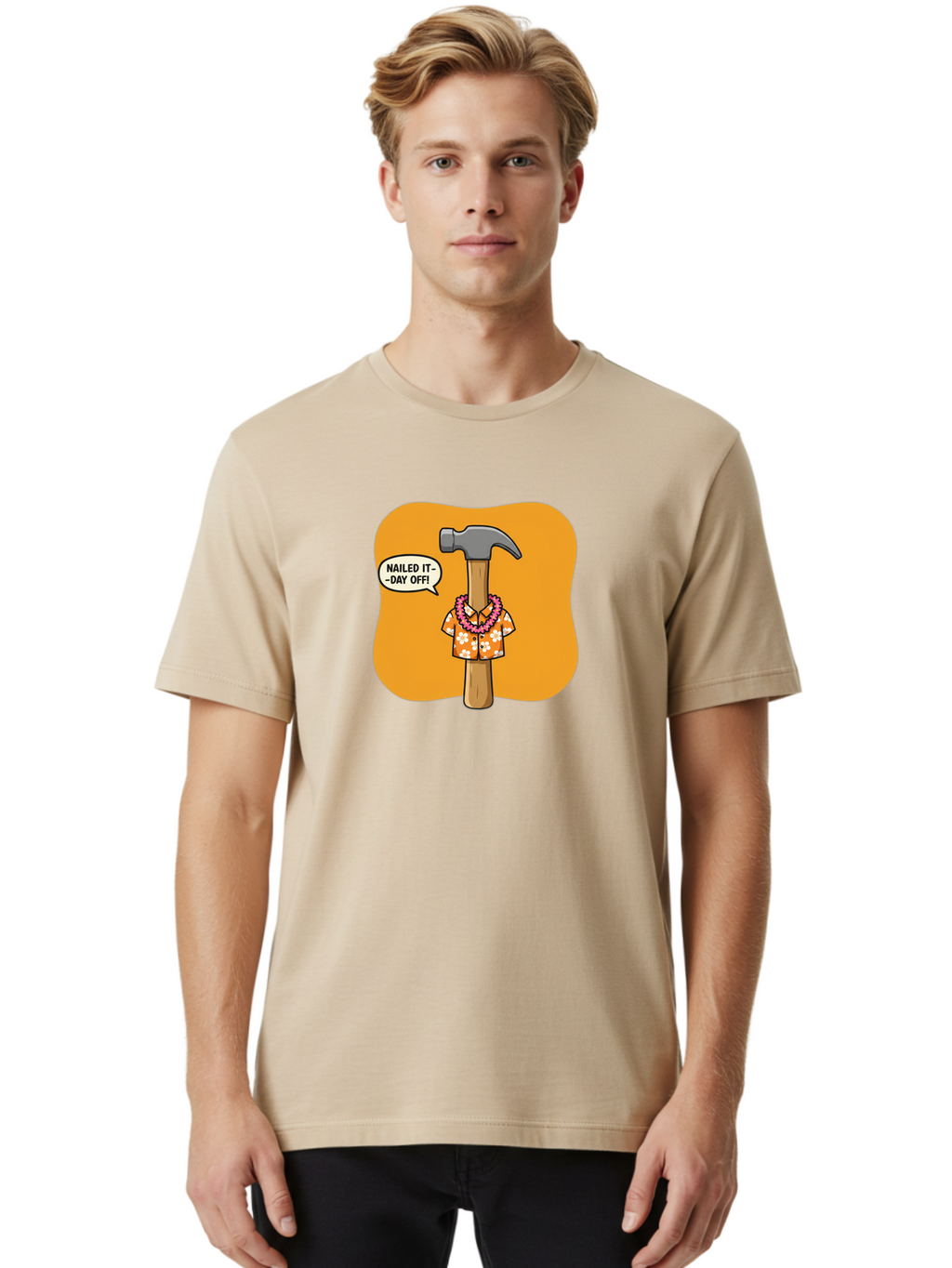 Hammer-In-Hawaiian-Shirt Men'S Graphic Tee, 100% Cotton, Comfortable Casual Summer Wear, Machine Washable, Funny Cartoon Hammer, Hawaiian Shirt, Leis, Humorous Expression, Nailed It-Day Off!, Cartoon Character, Comical Illustration, Bad180