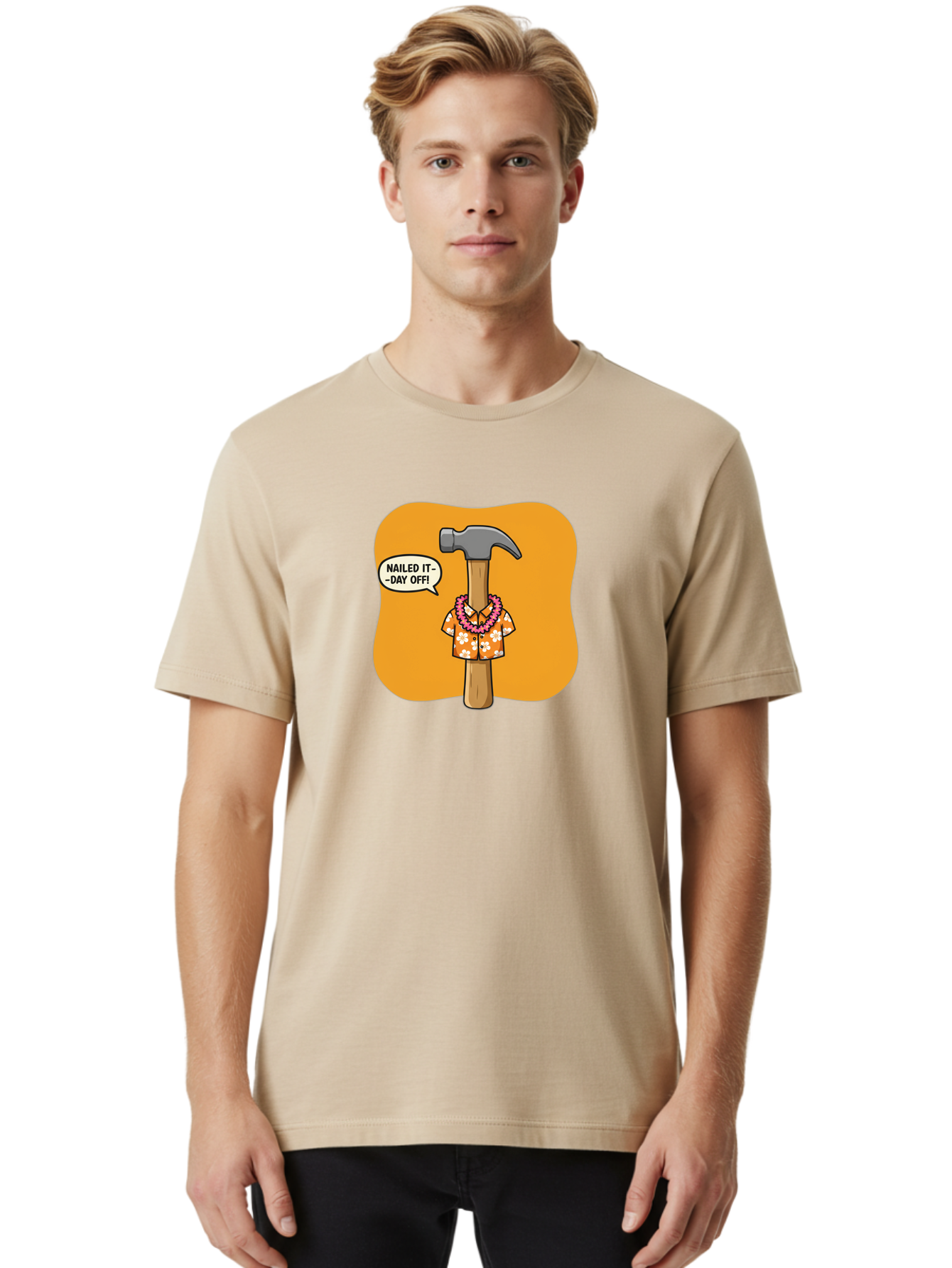 Hammer-In-Hawaiian-Shirt Men'S Graphic Tee, 100% Cotton, Comfortable Casual Summer Wear, Machine Washable, Funny Cartoon Hammer, Hawaiian Shirt, Leis, Humorous Expression, Nailed It-Day Off!, Cartoon Character, Comical Illustration, Bad180