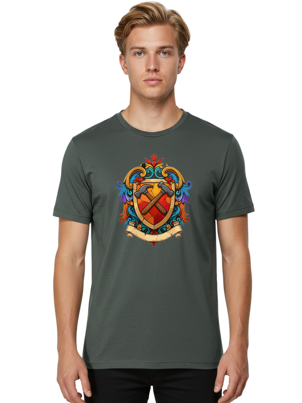 Hammer-Shield-Crest Men'S Graphic Tee, 100% Cotton, Comfortable Casual Summer Wear, Machine Washable, Crossed Hammers, Shield Crest, Ornate Design, Vintage Style, Carpentry Tools, Craftsmanship, Decorative Emblem, Symbolic Logo, Bad181