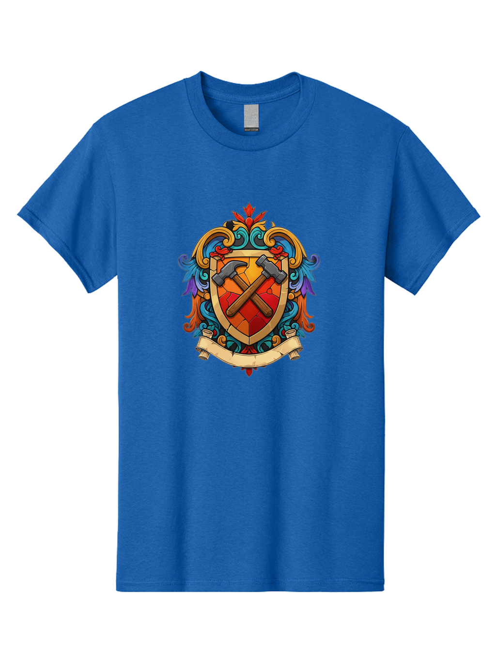 Hammer-Shield-Crest Men'S Graphic Tee, 100% Cotton, Comfortable Casual Summer Wear, Machine Washable, Crossed Hammers, Shield Crest, Ornate Design, Vintage Style, Carpentry Tools, Craftsmanship, Decorative Emblem, Symbolic Logo, Bad181