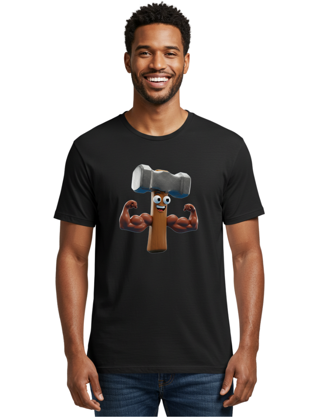 Hammer Men'S Graphic Tee, 100% Cotton, Comfortable Casual Summer Wear, Machine Washable, Cartoon Nail, Muscular Arms, Flexing Biceps, Funny Character, Hammer On Head, Playful Humor, Comical Pose, Anthropomorphic Object, Whimsical Design Bad182