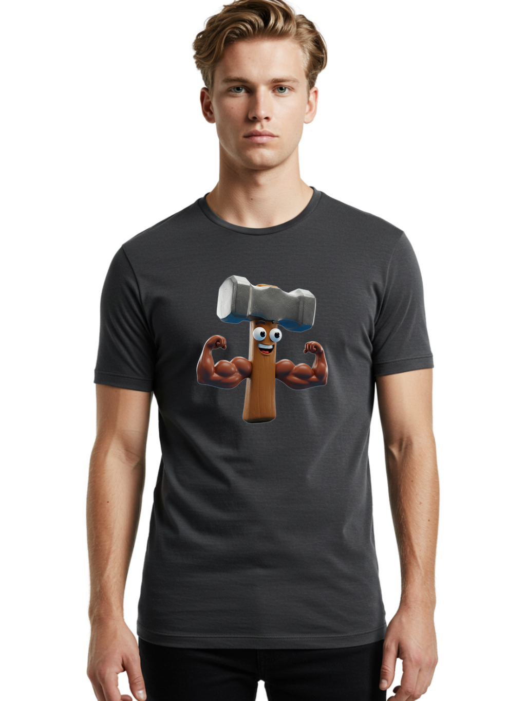Hammer Men'S Graphic Tee, 100% Cotton, Comfortable Casual Summer Wear, Machine Washable, Cartoon Nail, Muscular Arms, Flexing Biceps, Funny Character, Hammer On Head, Playful Humor, Comical Pose, Anthropomorphic Object, Whimsical Design Bad182