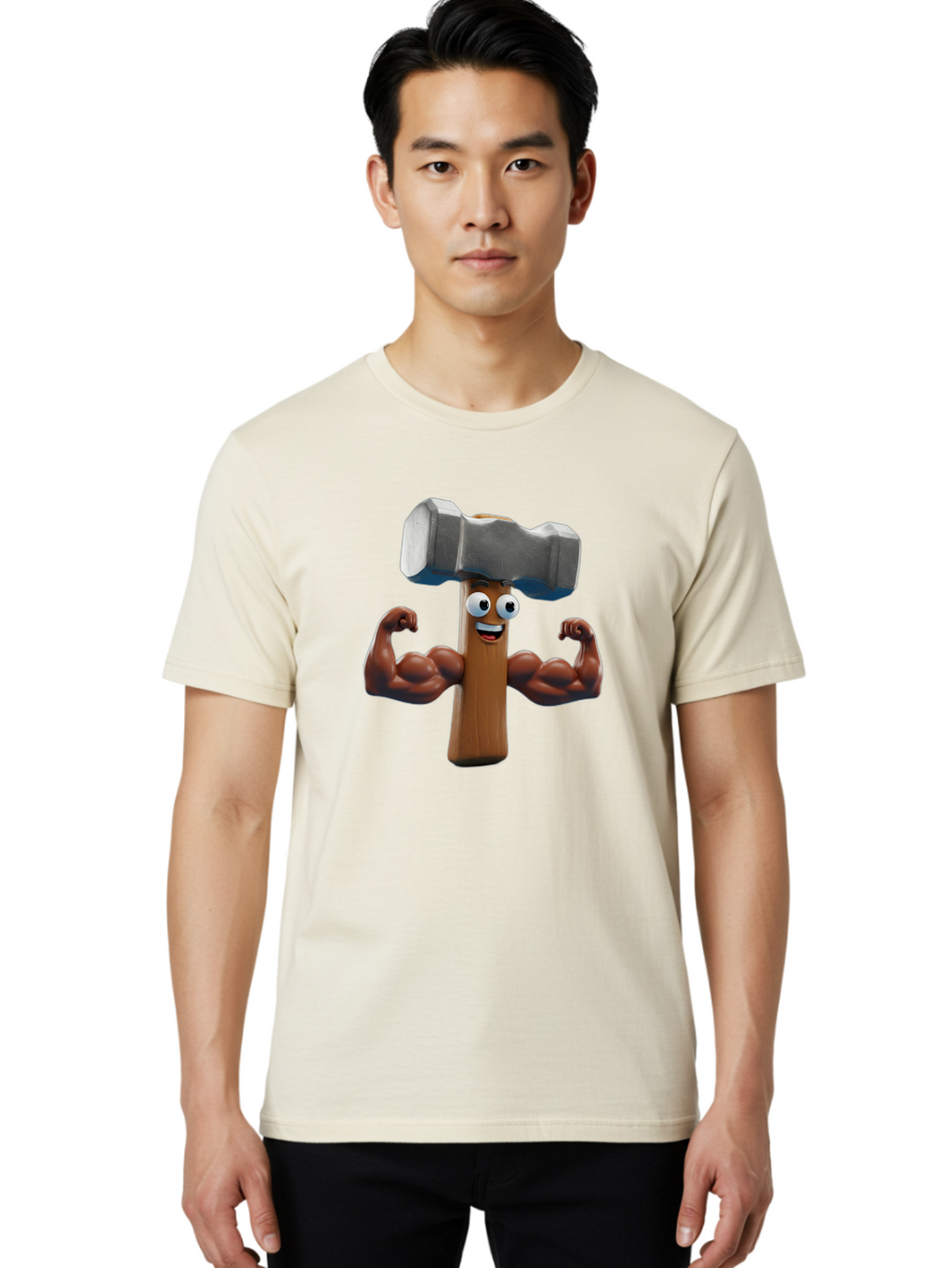 Hammer Men'S Graphic Tee, 100% Cotton, Comfortable Casual Summer Wear, Machine Washable, Cartoon Nail, Muscular Arms, Flexing Biceps, Funny Character, Hammer On Head, Playful Humor, Comical Pose, Anthropomorphic Object, Whimsical Design Bad182