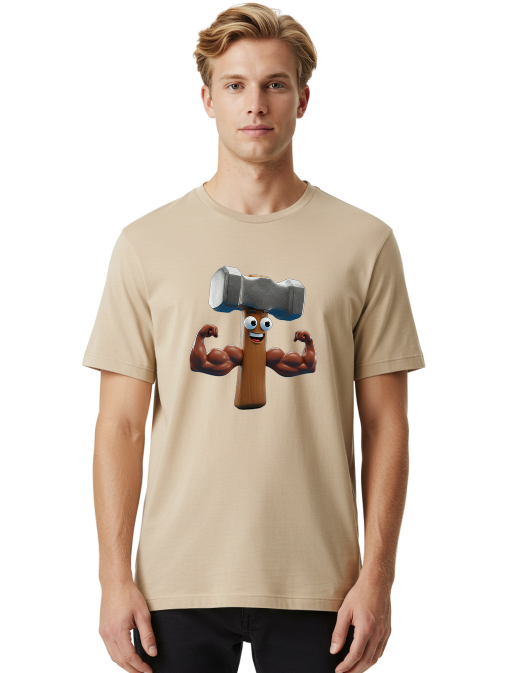 Hammer Men'S Graphic Tee, 100% Cotton, Comfortable Casual Summer Wear, Machine Washable, Cartoon Nail, Muscular Arms, Flexing Biceps, Funny Character, Hammer On Head, Playful Humor, Comical Pose, Anthropomorphic Object, Whimsical Design Bad182