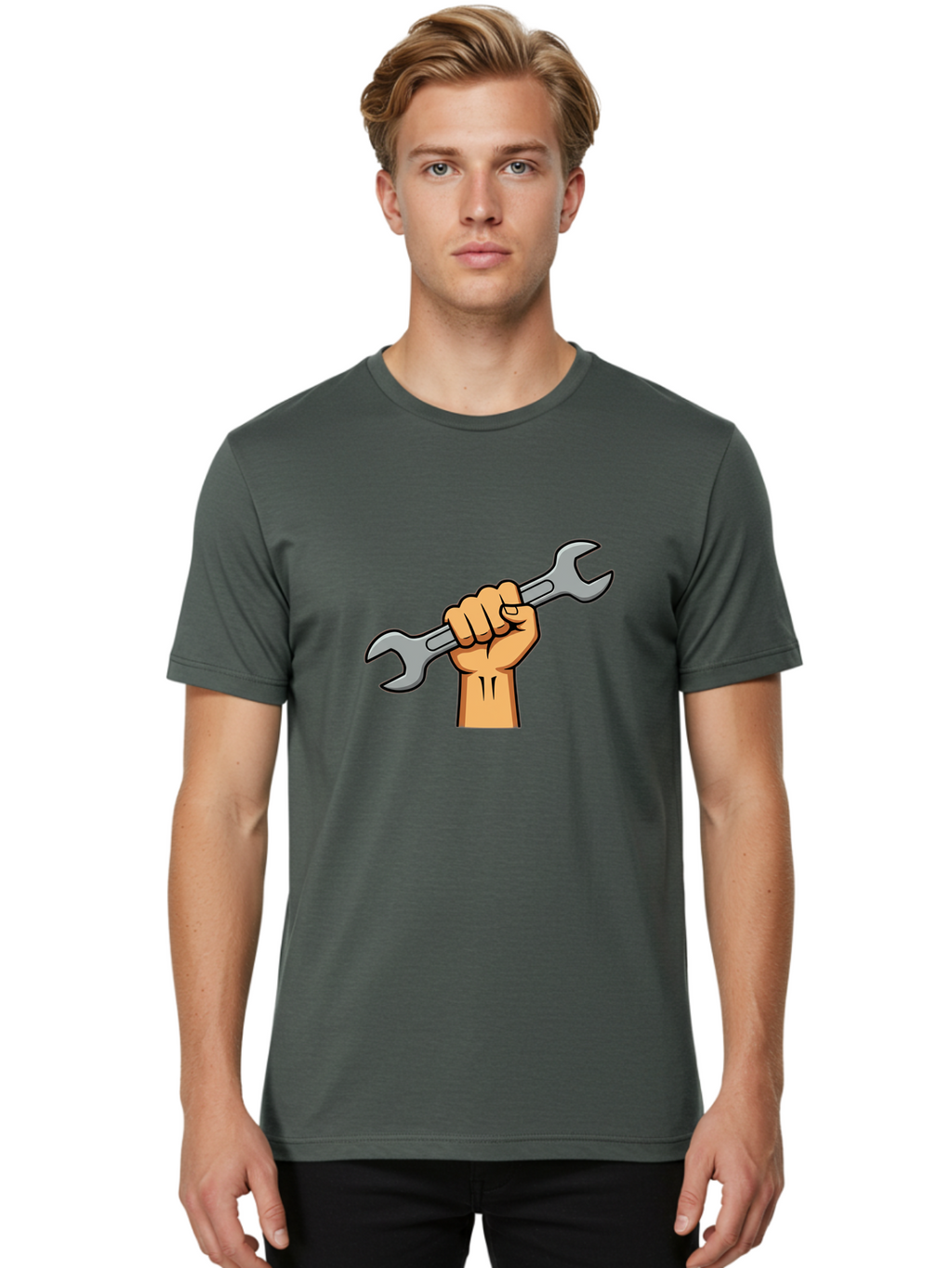 Hand-Holding-Spanner-1 Men'S Graphic Tee, 100% Cotton, Comfortable Casual Summer Wear, Machine Washable, Hand Holding Wrench, Adjustable Wrench, Hand Tool, Diy Repair, Handyman Tools, Repair Work, Maintenance Task, Mechanical Repair Bad183