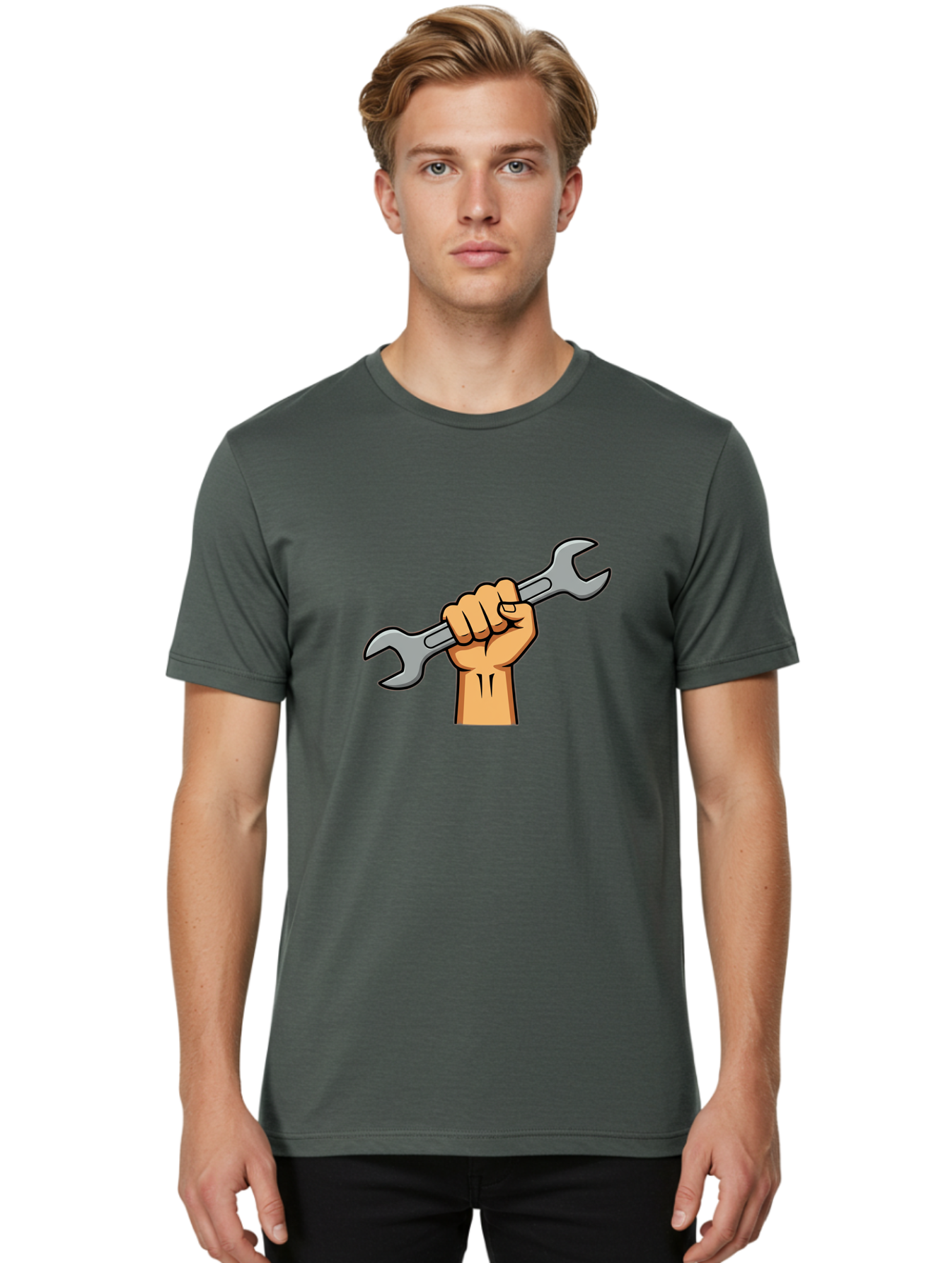 Hand-Holding-Spanner-1 Men'S Graphic Tee, 100% Cotton, Comfortable Casual Summer Wear, Machine Washable, Hand Holding Wrench, Adjustable Wrench, Hand Tool, Diy Repair, Handyman Tools, Repair Work, Maintenance Task, Mechanical Repair Bad183
