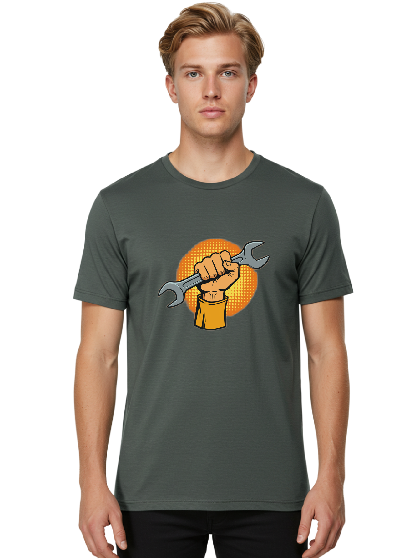 Hand-Holding-Spanner Men'S Graphic Tee, 100% Cotton, Comfortable Casual Summer Wear, Machine Washable, Hand Holding Wrench, Diy Repair, Mechanic Tools, Toolbox Essentials, Handyman Work, Repair Services, Construction Equipment, Bad184