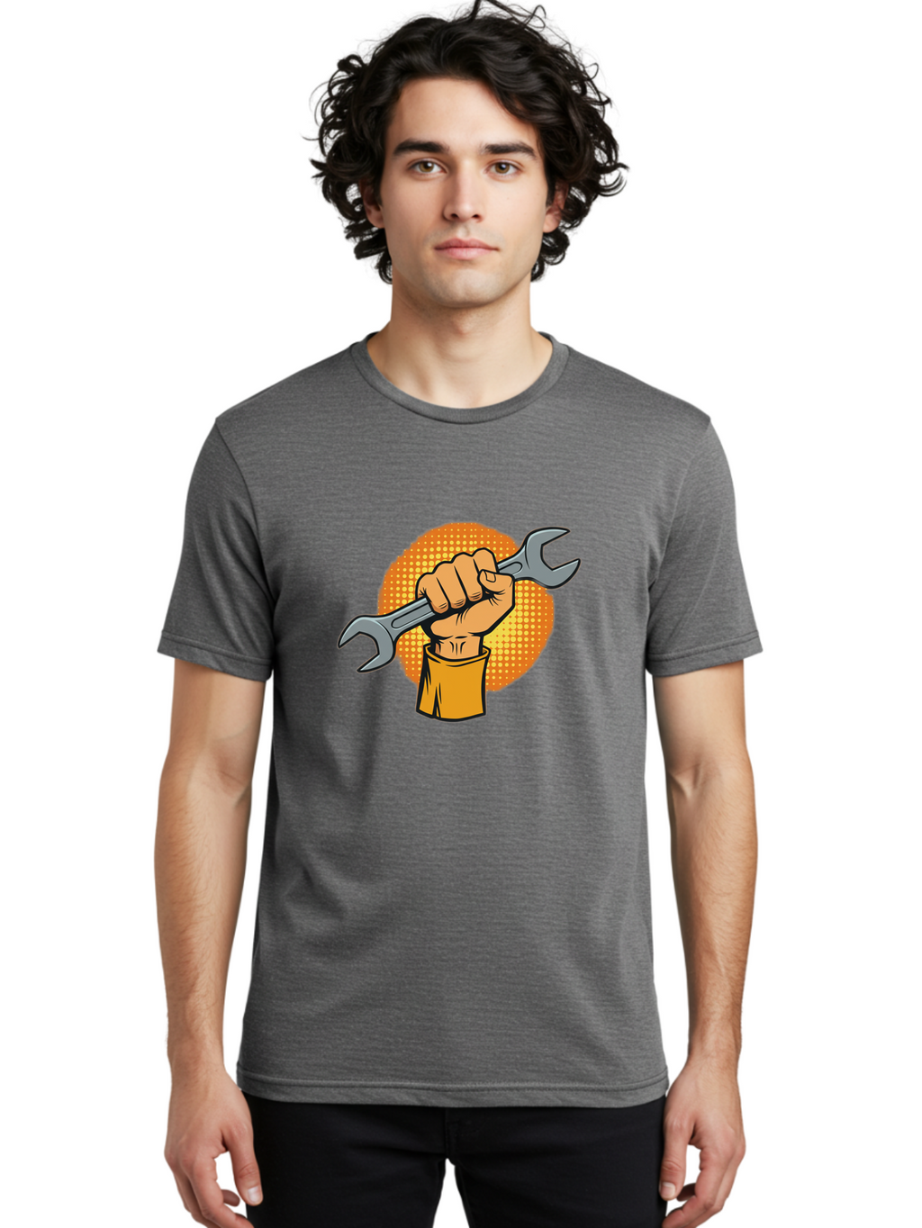 Hand-Holding-Spanner Men'S Graphic Tee, 100% Cotton, Comfortable Casual Summer Wear, Machine Washable, Hand Holding Wrench, Diy Repair, Mechanic Tools, Toolbox Essentials, Handyman Work, Repair Services, Construction Equipment, Bad184