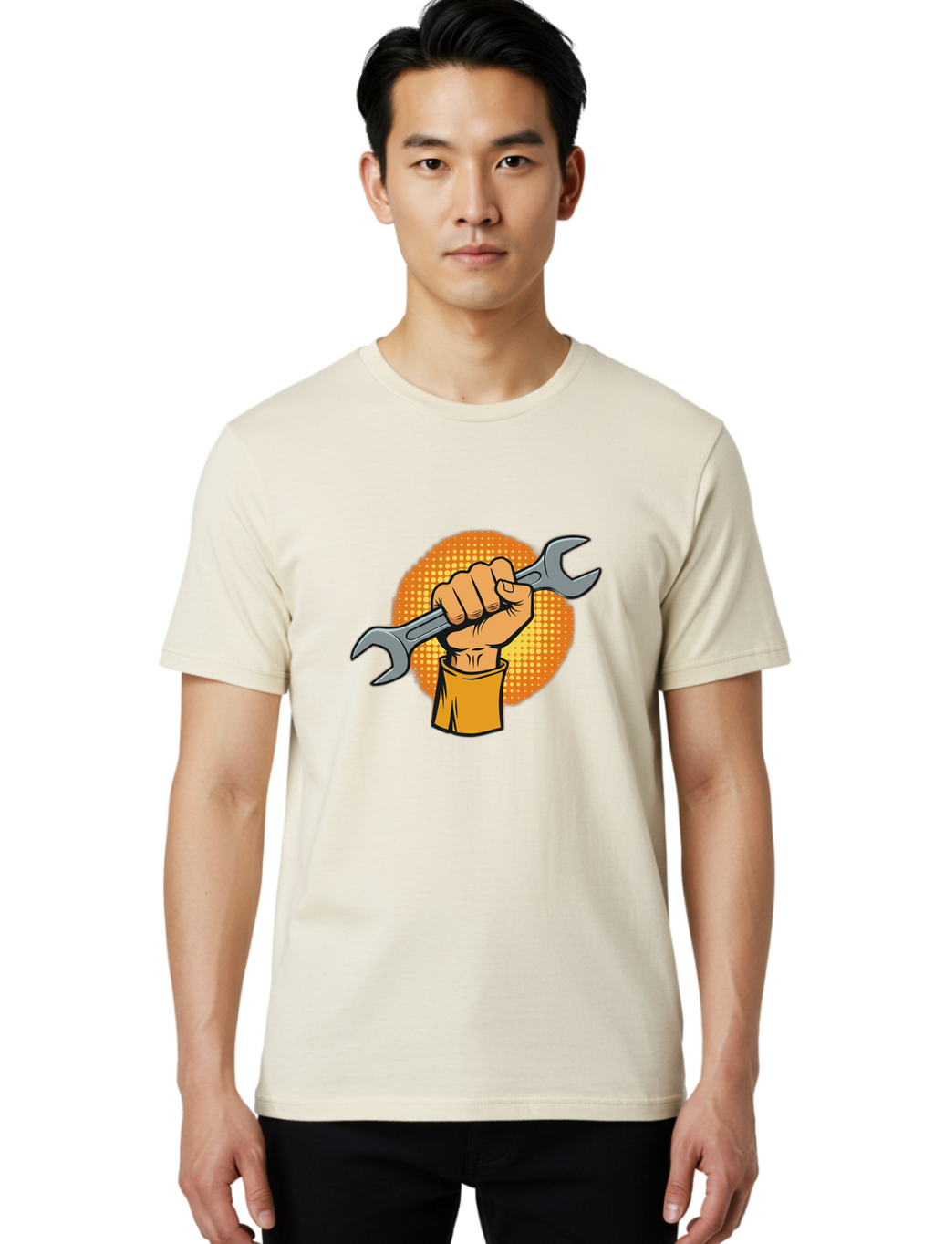 Hand-Holding-Spanner Men'S Graphic Tee, 100% Cotton, Comfortable Casual Summer Wear, Machine Washable, Hand Holding Wrench, Diy Repair, Mechanic Tools, Toolbox Essentials, Handyman Work, Repair Services, Construction Equipment, Bad184