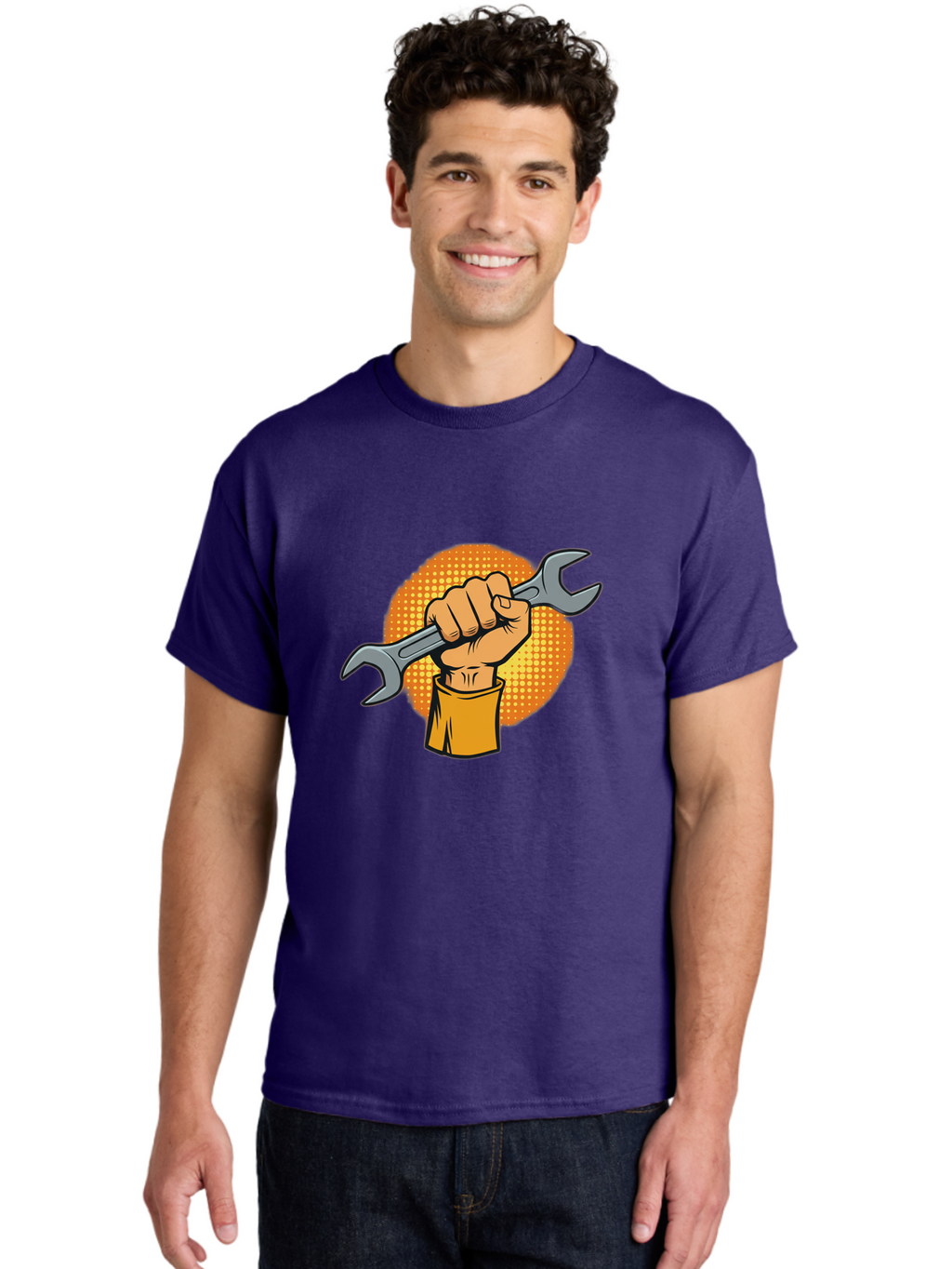 Hand-Holding-Spanner Men'S Graphic Tee, 100% Cotton, Comfortable Casual Summer Wear, Machine Washable, Hand Holding Wrench, Diy Repair, Mechanic Tools, Toolbox Essentials, Handyman Work, Repair Services, Construction Equipment, Bad184