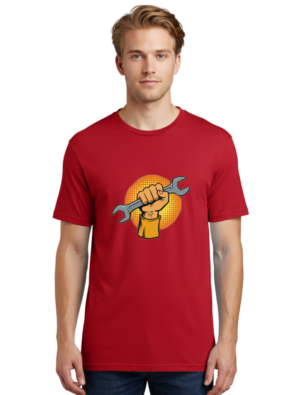 Hand-Holding-Spanner Men'S Graphic Tee, 100% Cotton, Comfortable Casual Summer Wear, Machine Washable, Hand Holding Wrench, Diy Repair, Mechanic Tools, Toolbox Essentials, Handyman Work, Repair Services, Construction Equipment, Bad184