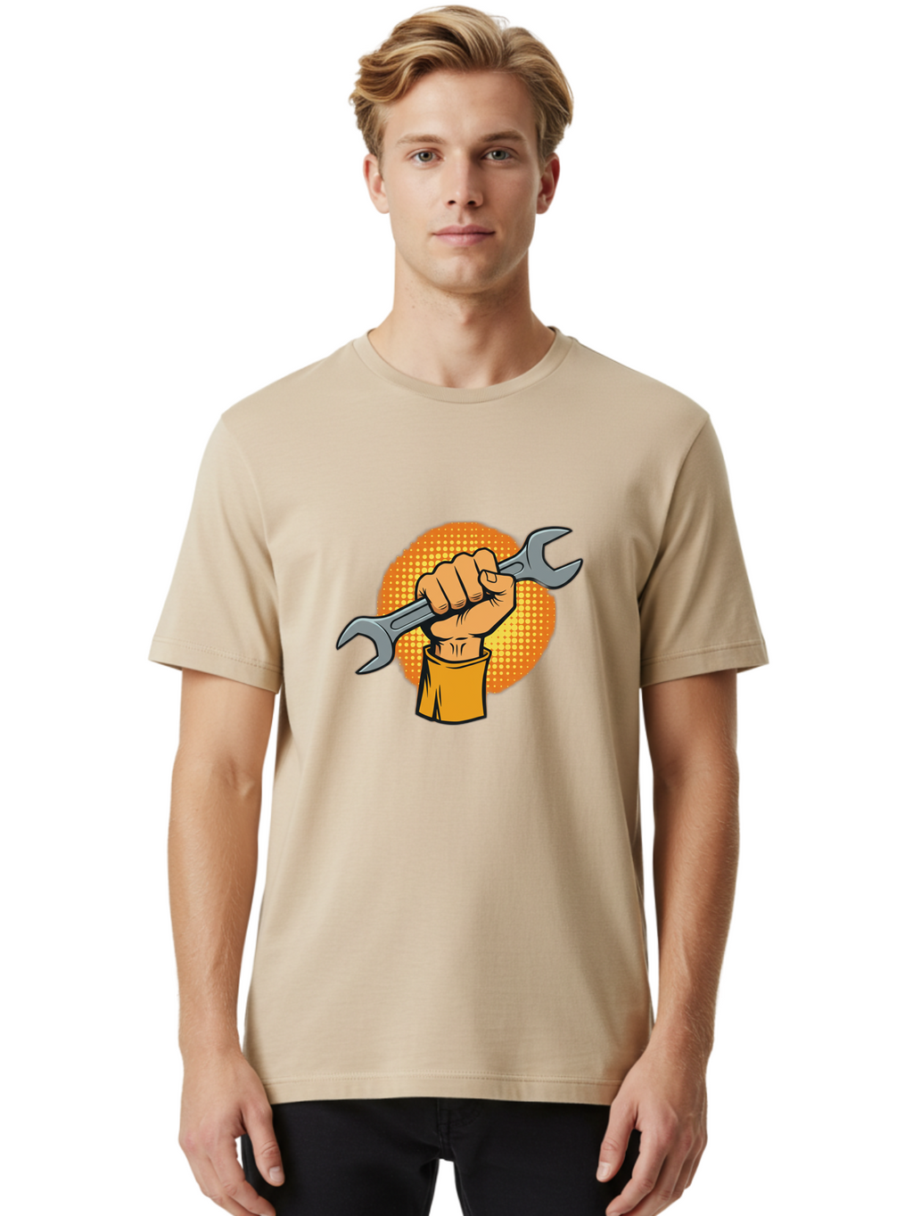 Hand-Holding-Spanner Men'S Graphic Tee, 100% Cotton, Comfortable Casual Summer Wear, Machine Washable, Hand Holding Wrench, Diy Repair, Mechanic Tools, Toolbox Essentials, Handyman Work, Repair Services, Construction Equipment, Bad184