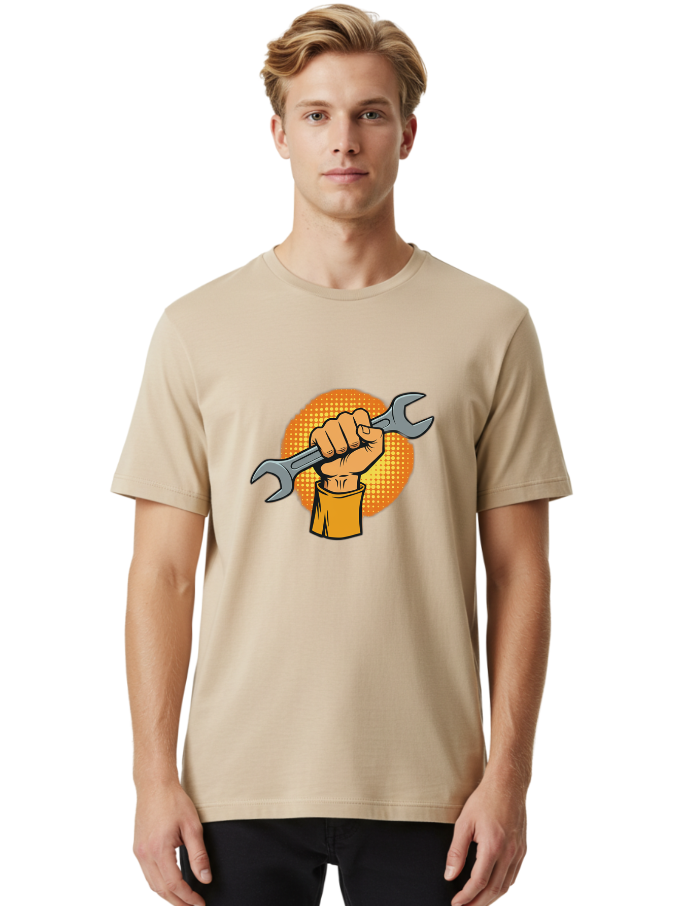 Hand-Holding-Spanner Men'S Graphic Tee, 100% Cotton, Comfortable Casual Summer Wear, Machine Washable, Hand Holding Wrench, Diy Repair, Mechanic Tools, Toolbox Essentials, Handyman Work, Repair Services, Construction Equipment, Bad184