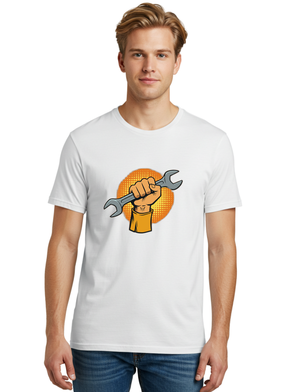 Hand-Holding-Spanner Men'S Graphic Tee, 100% Cotton, Comfortable Casual Summer Wear, Machine Washable, Hand Holding Wrench, Diy Repair, Mechanic Tools, Toolbox Essentials, Handyman Work, Repair Services, Construction Equipment, Bad184