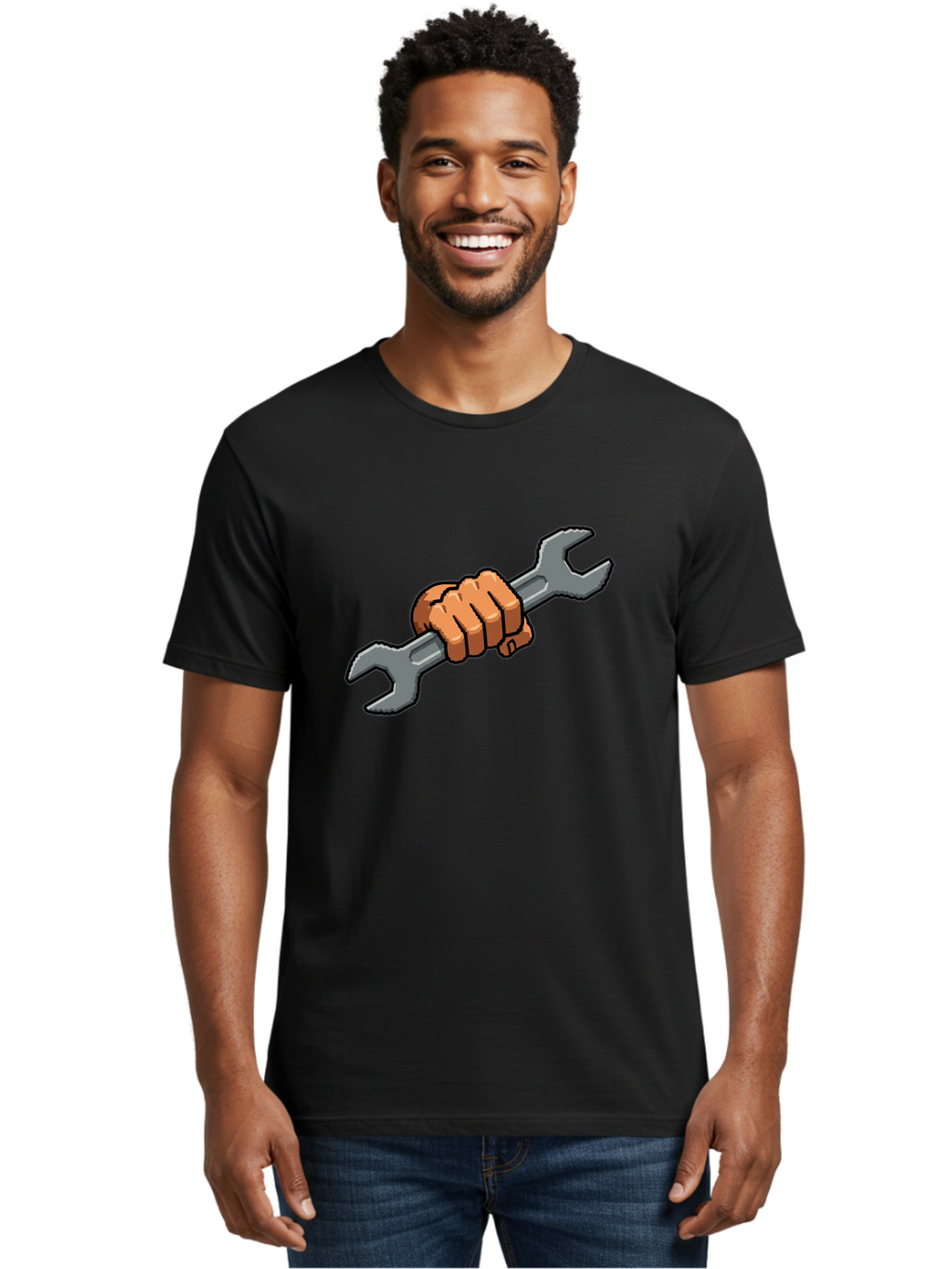 Hand-Holding-Wrench-1 Men'S Graphic Tee, 100% Cotton, Comfortable Casual Summer Wear, Machine Washable, Hand Holding Wrench, Adjustable Wrench, Repair Tool, Diy Symbol, Hand Grip, Tool Handle, Machinery Repair Bad185