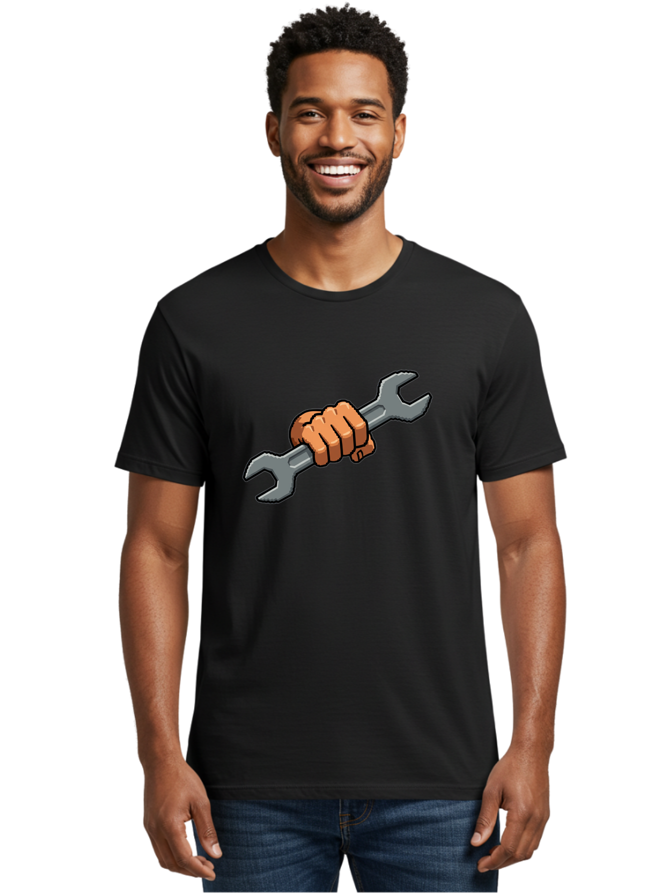 Hand-Holding-Wrench-1 Men'S Graphic Tee, 100% Cotton, Comfortable Casual Summer Wear, Machine Washable, Hand Holding Wrench, Adjustable Wrench, Repair Tool, Diy Symbol, Hand Grip, Tool Handle, Machinery Repair Bad185