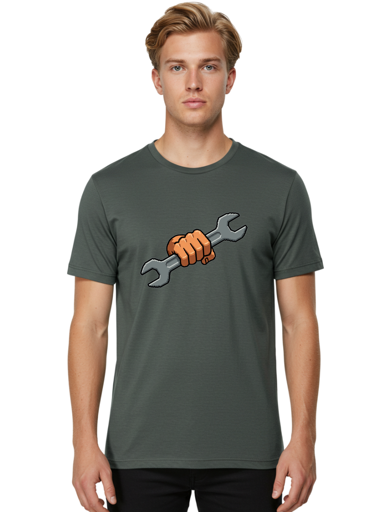 Hand-Holding-Wrench-1 Men'S Graphic Tee, 100% Cotton, Comfortable Casual Summer Wear, Machine Washable, Hand Holding Wrench, Adjustable Wrench, Repair Tool, Diy Symbol, Hand Grip, Tool Handle, Machinery Repair Bad185